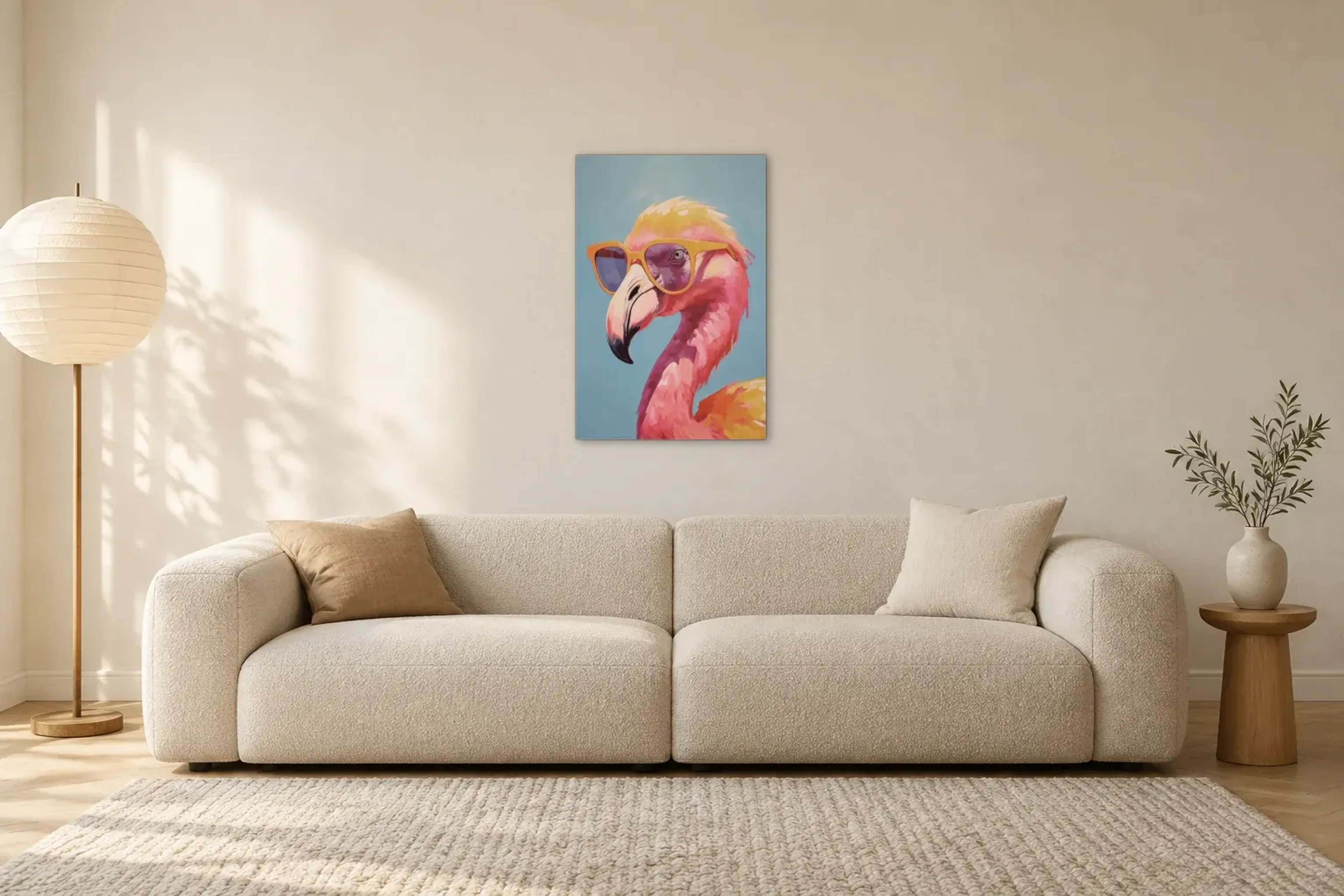 Flamingo mit Sonnenbrille als Wandbild über einem 230-cm-Sofa