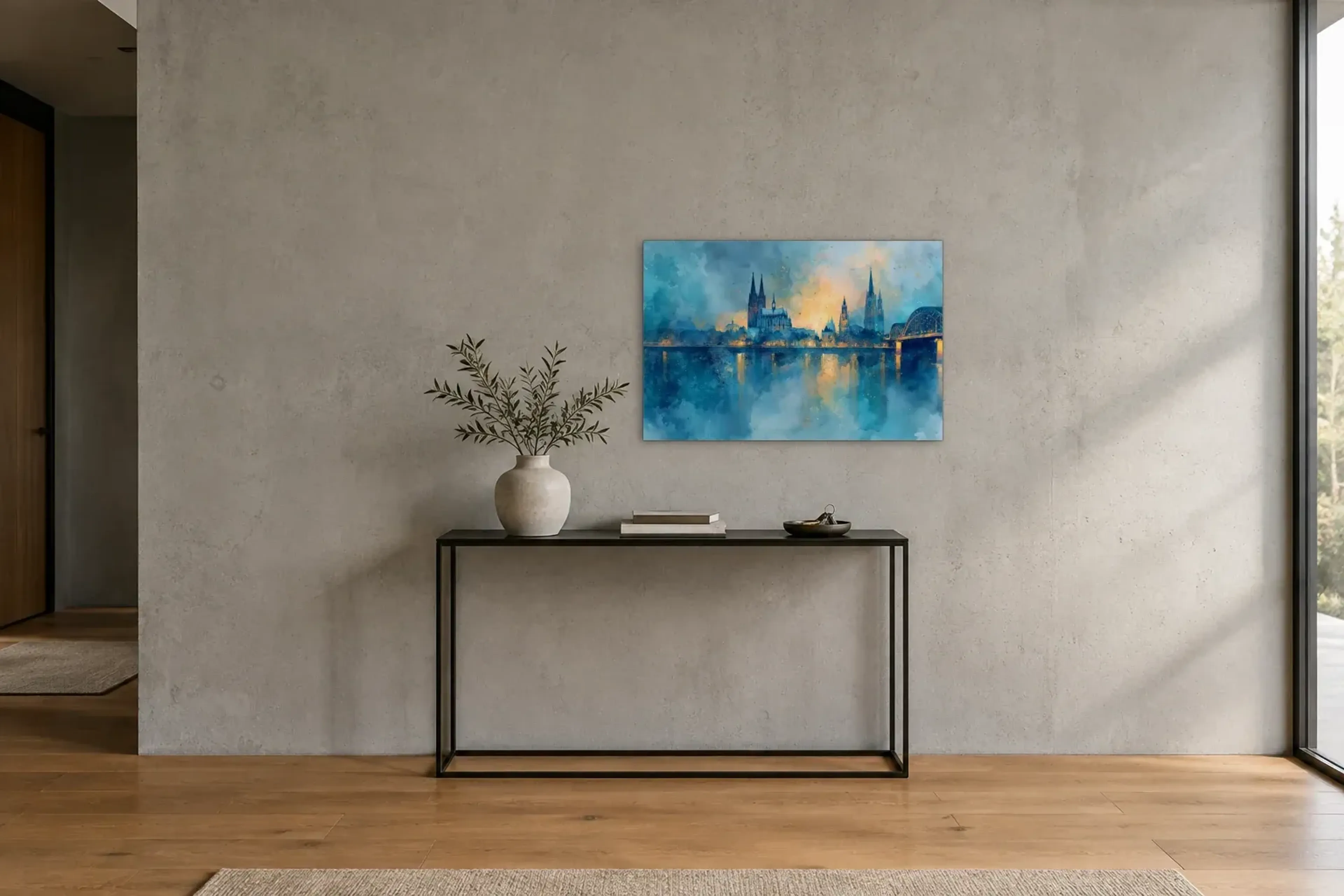 Köln in Blaugold als Wandbild über einer 120-cm-Konsole