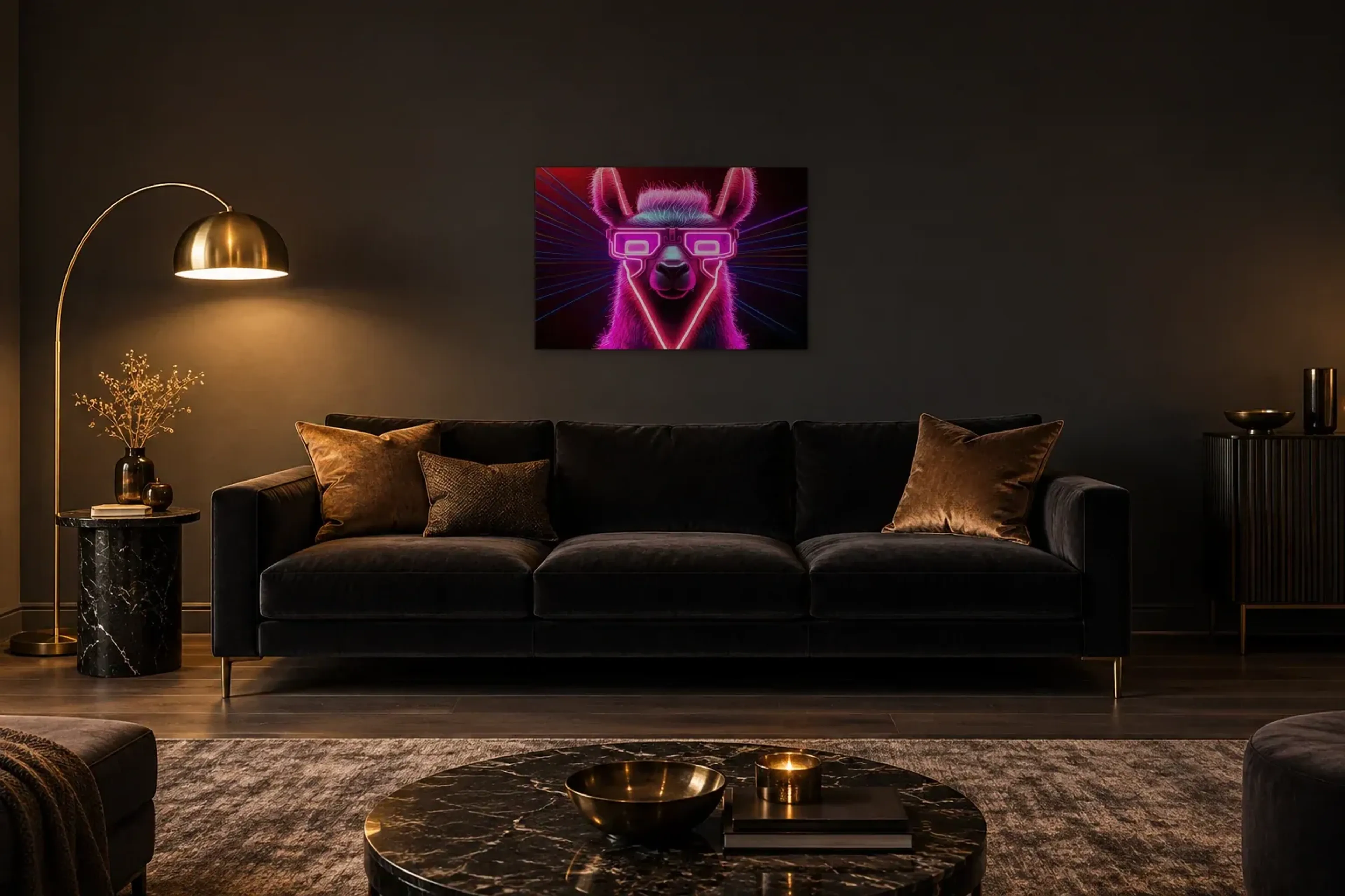 Lama mit Neonbrille als Wandbild über einem 220-cm-Sofa