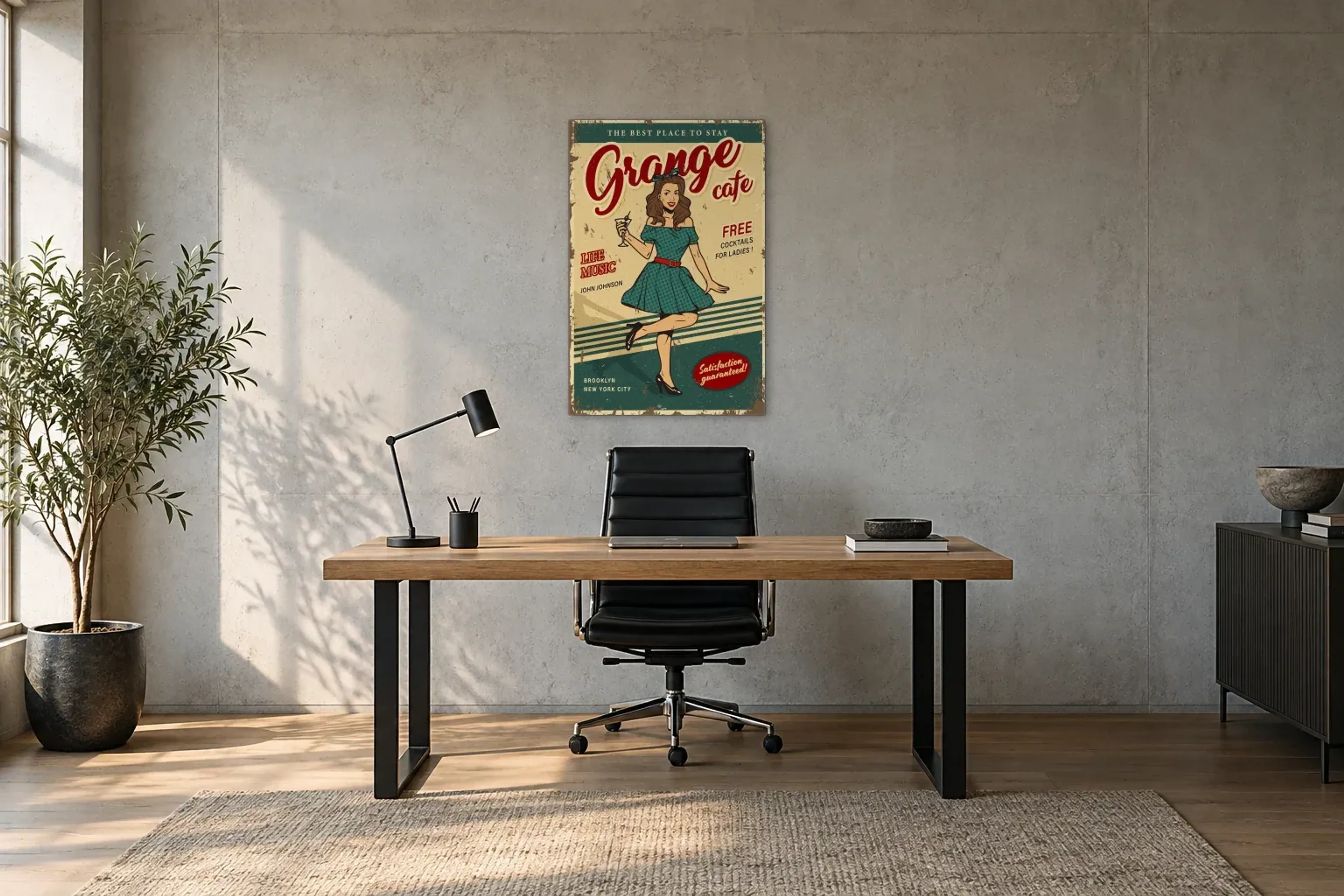 Garage Cafe als Wandbild über einem 160-cm-Schreibtisch