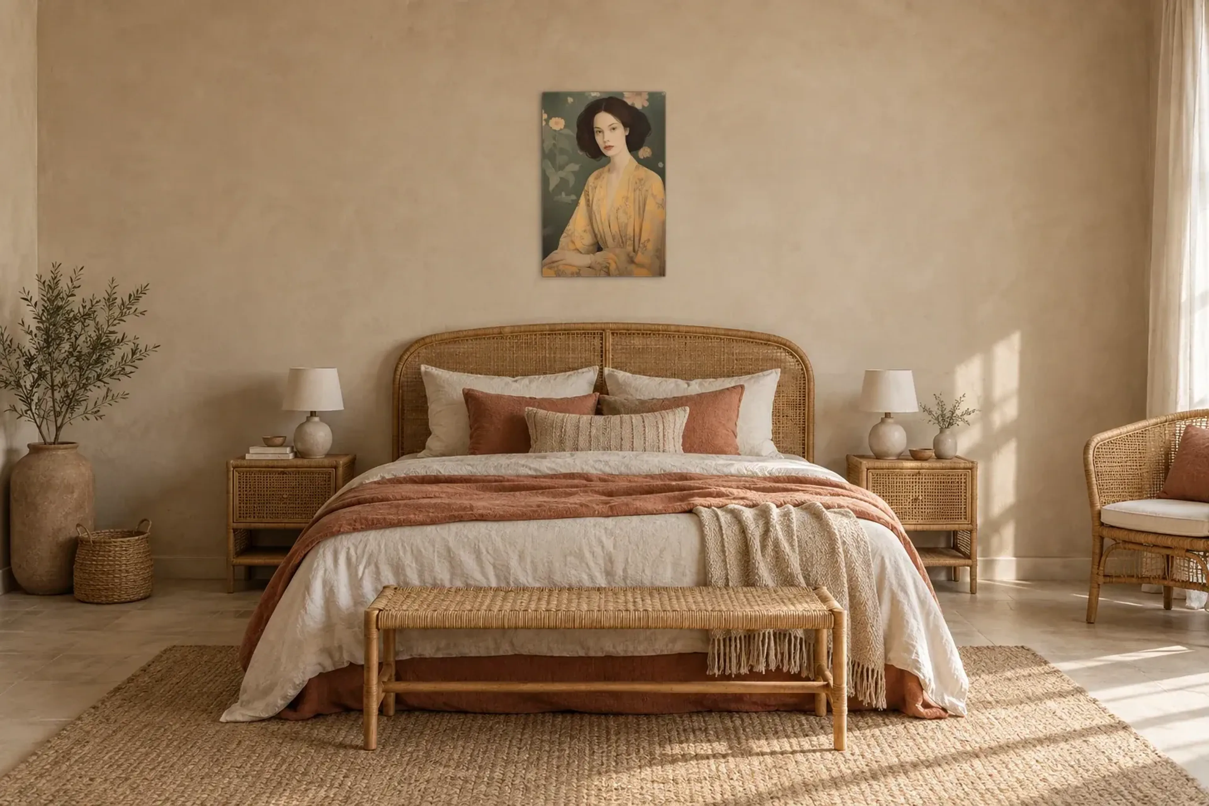 Frau in goldgelbem Gewand als Wandbild über einem 180-cm-Bett