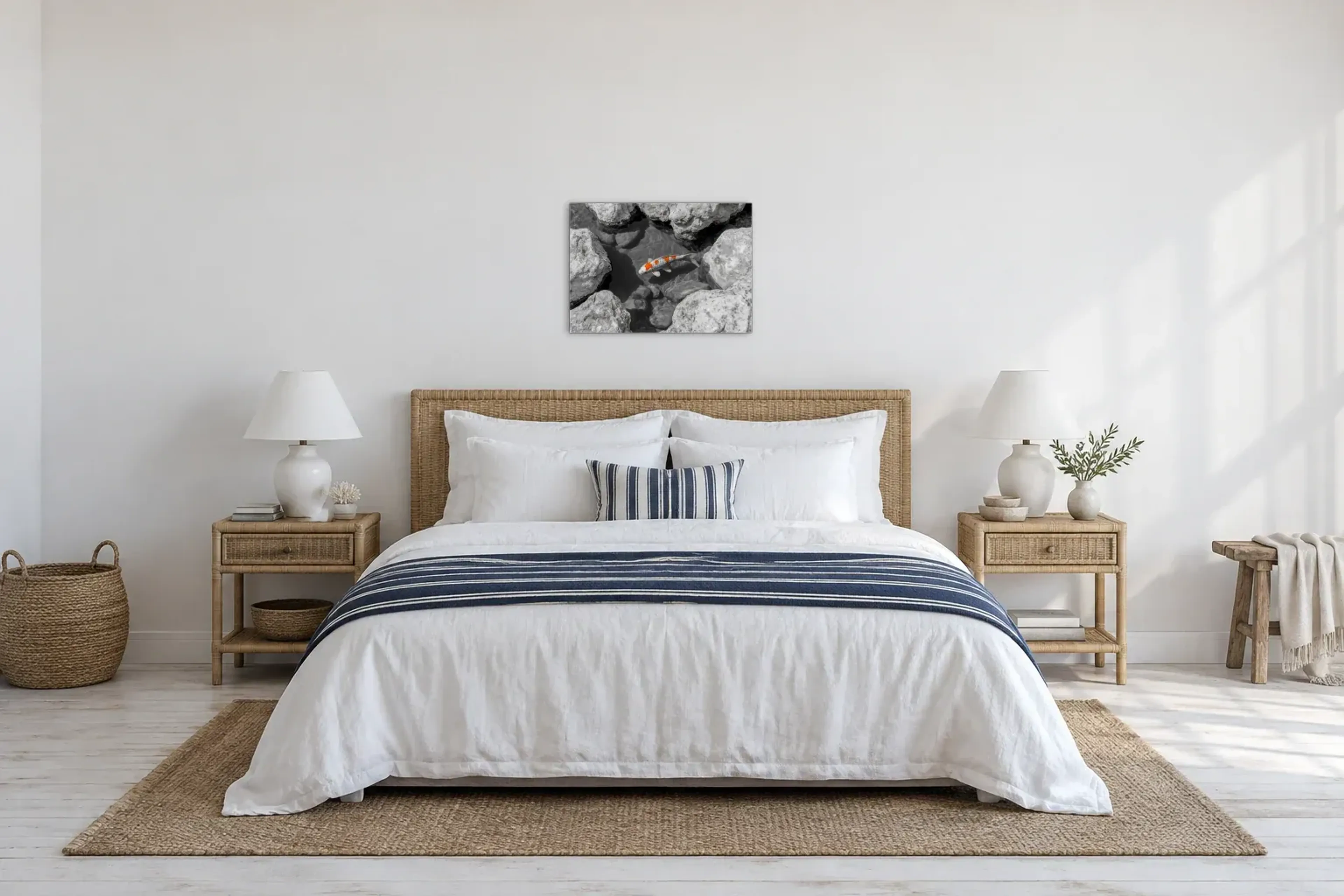 Koi zwischen Felsen als Wandbild über einem 180-cm-Bett