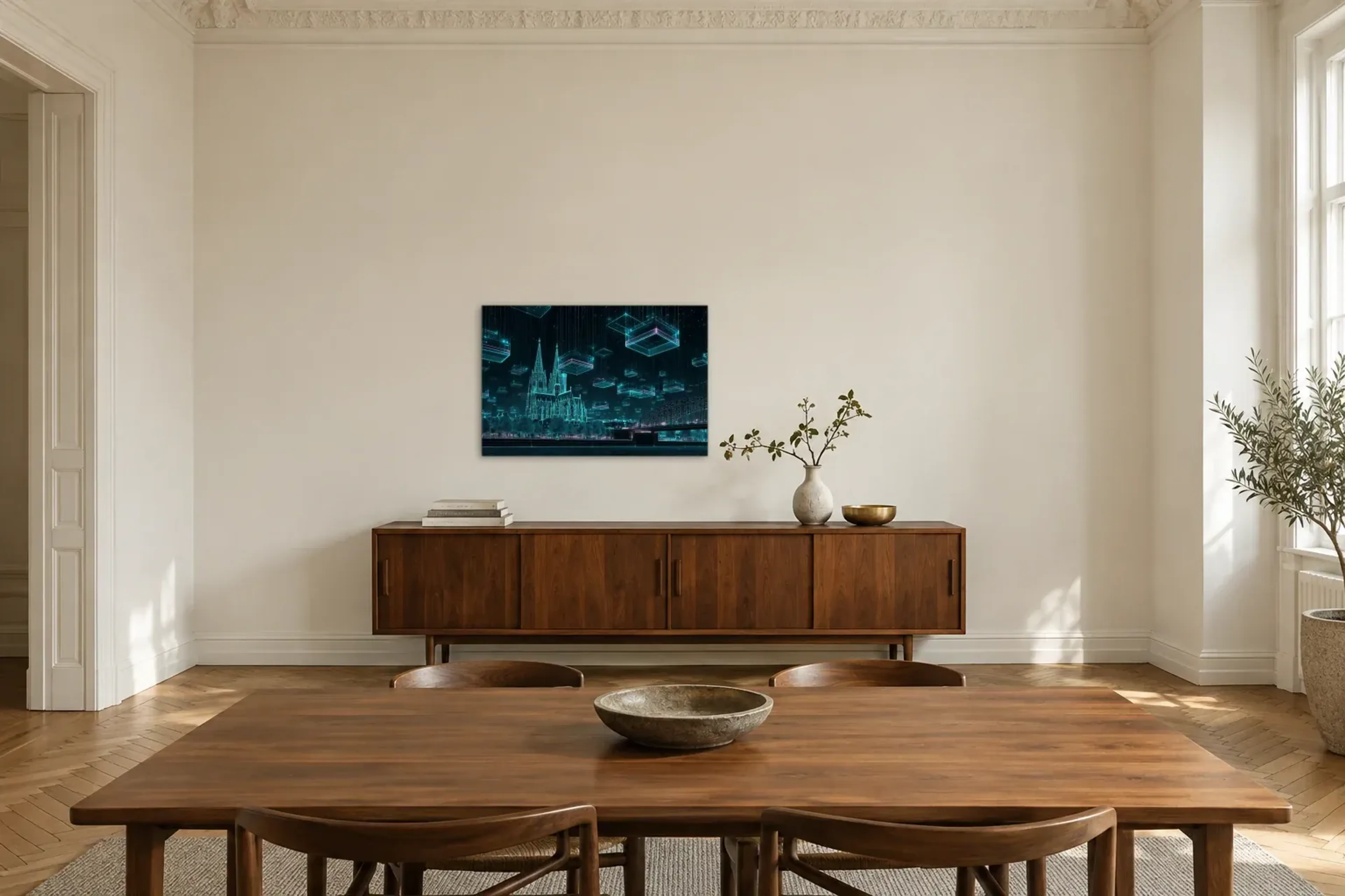 Köln im Neonhimmel als Wandbild über einem 200-cm-Sideboard