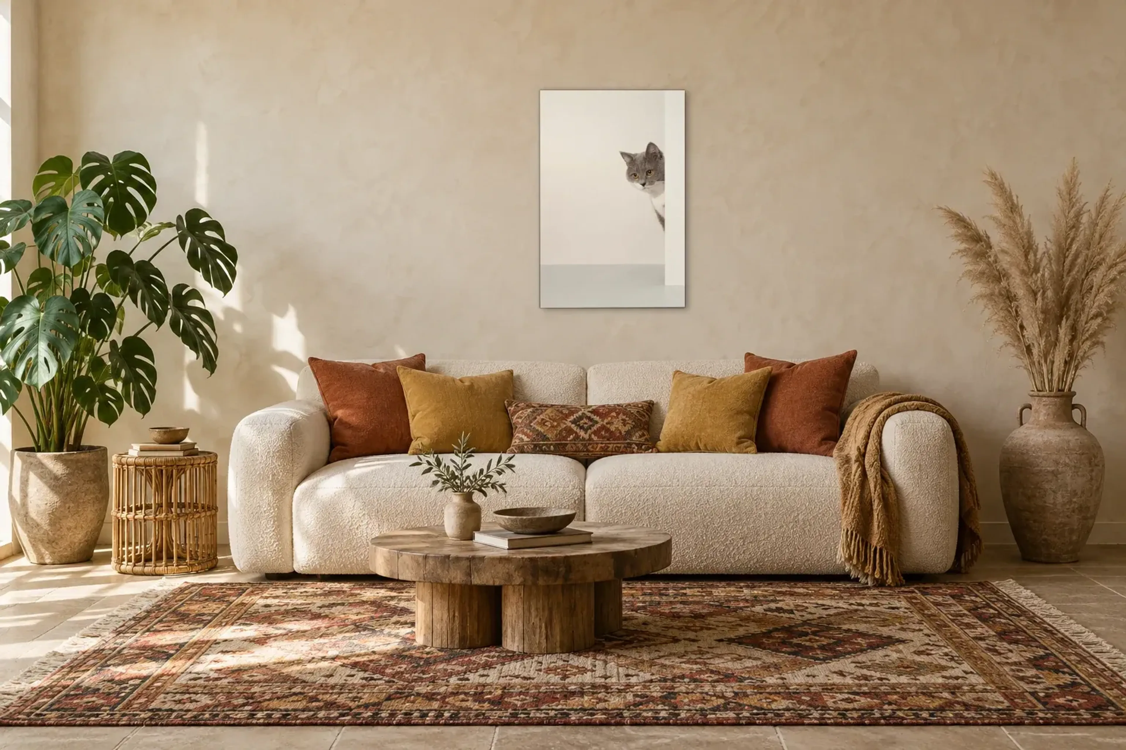 Graue Katze hinter Wand als Wandbild über einem 220-cm-Sofa