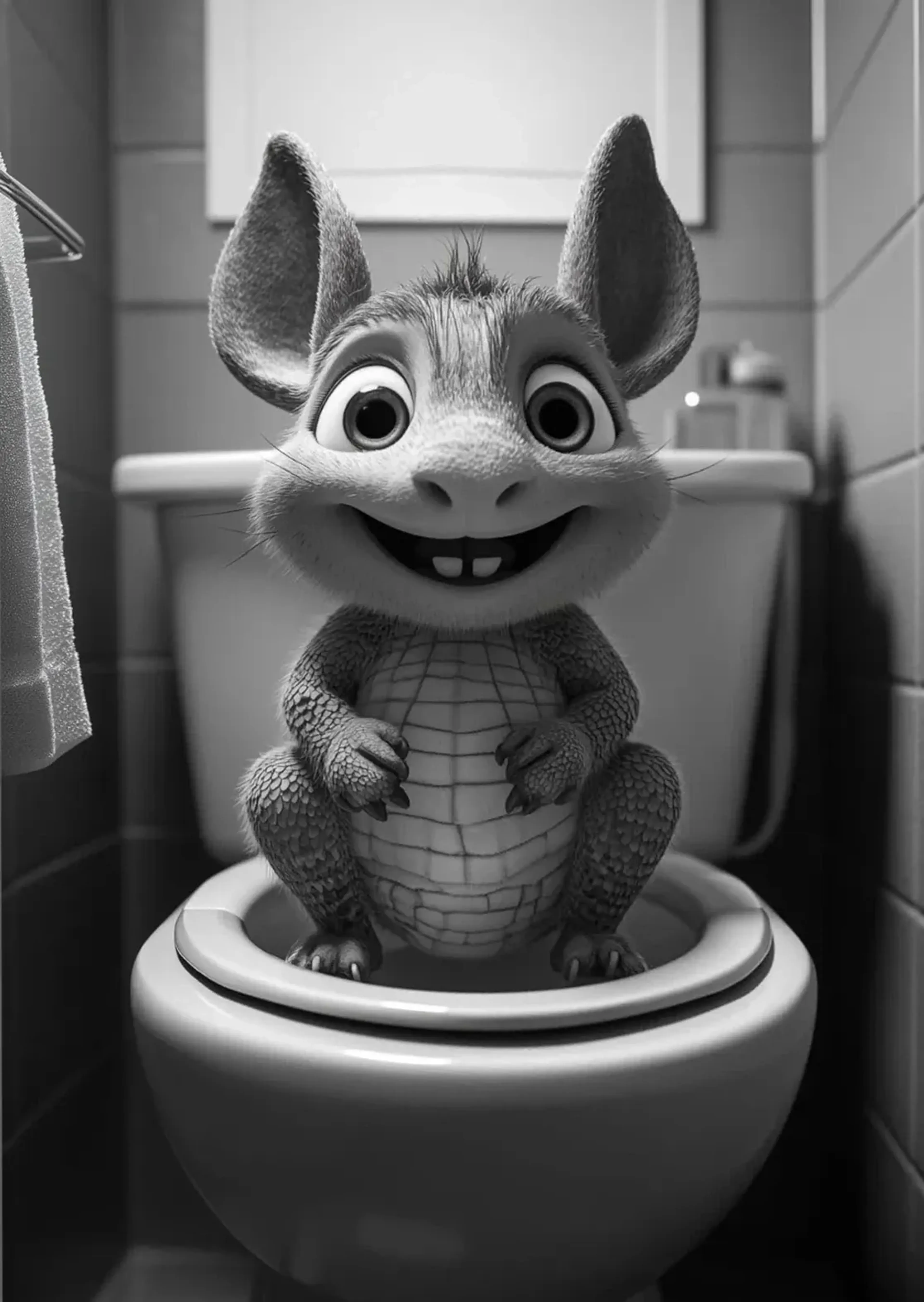 Ein grinsendes Gürteltier mit großen Ohren und gegliedertem Bauch sitzt auf einer Toilette in Schwarz-Weiß.