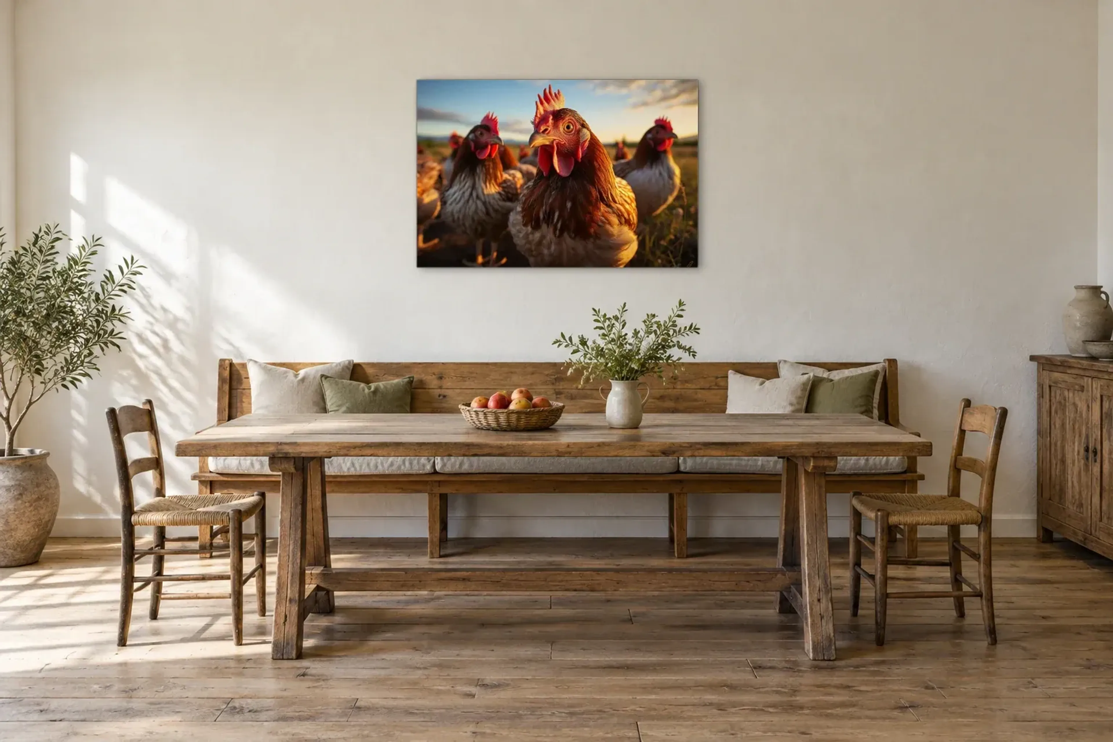 Hühner auf der Wiese als Wandbild über einer 200-cm-Sitzbank