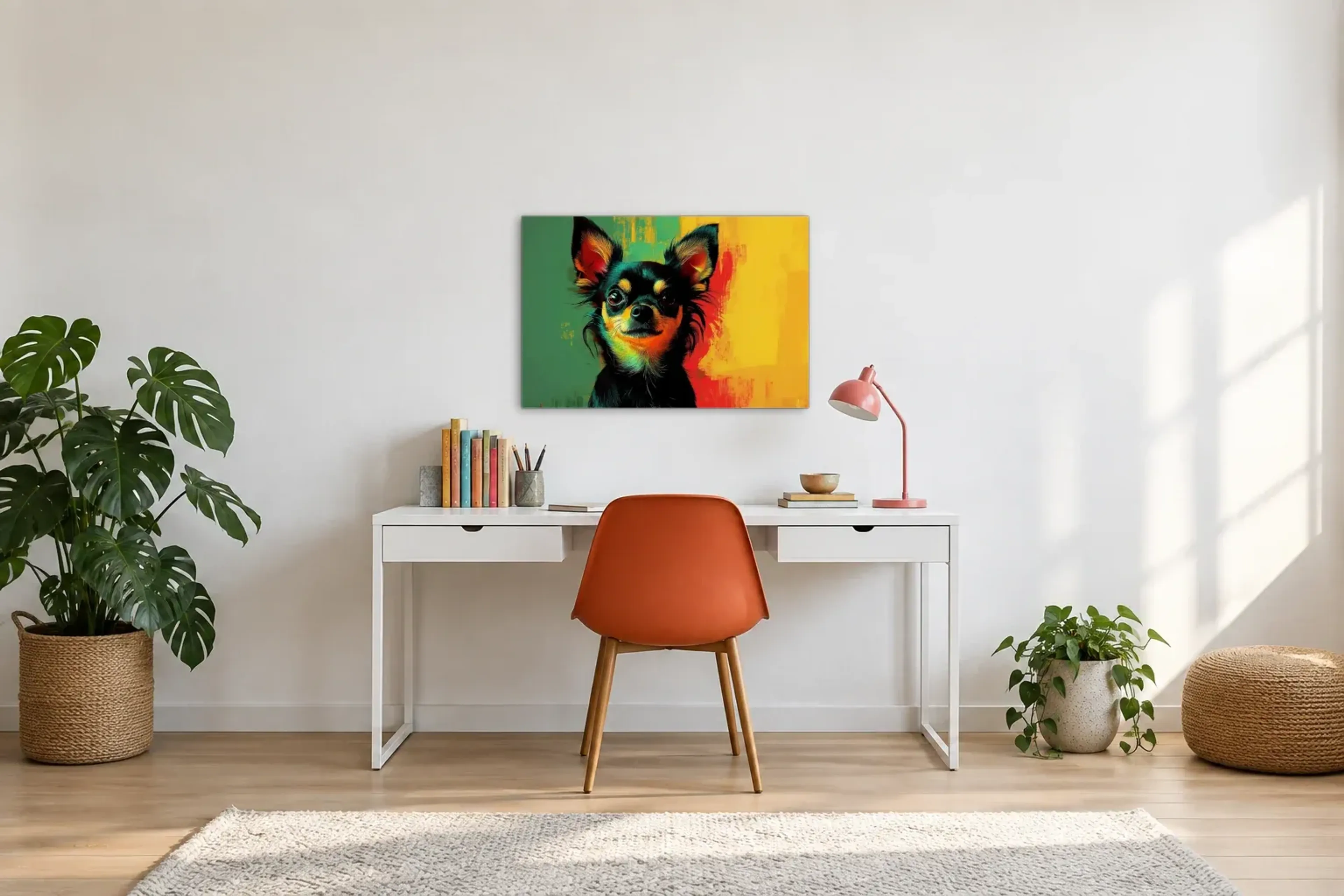 Chihuahua mit wachem Blick als Wandbild über einem 140-cm-Schreibtisch