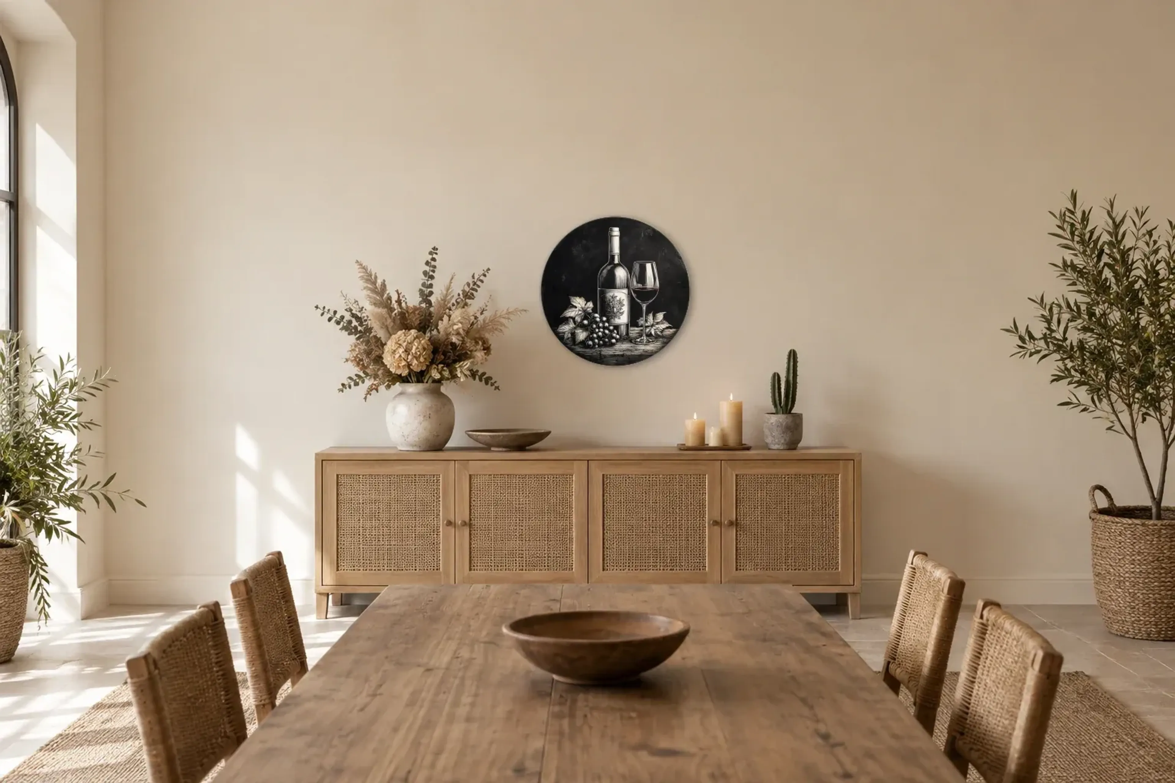 Wein und Trauben als Wandbild über einem 160-cm-Sideboard