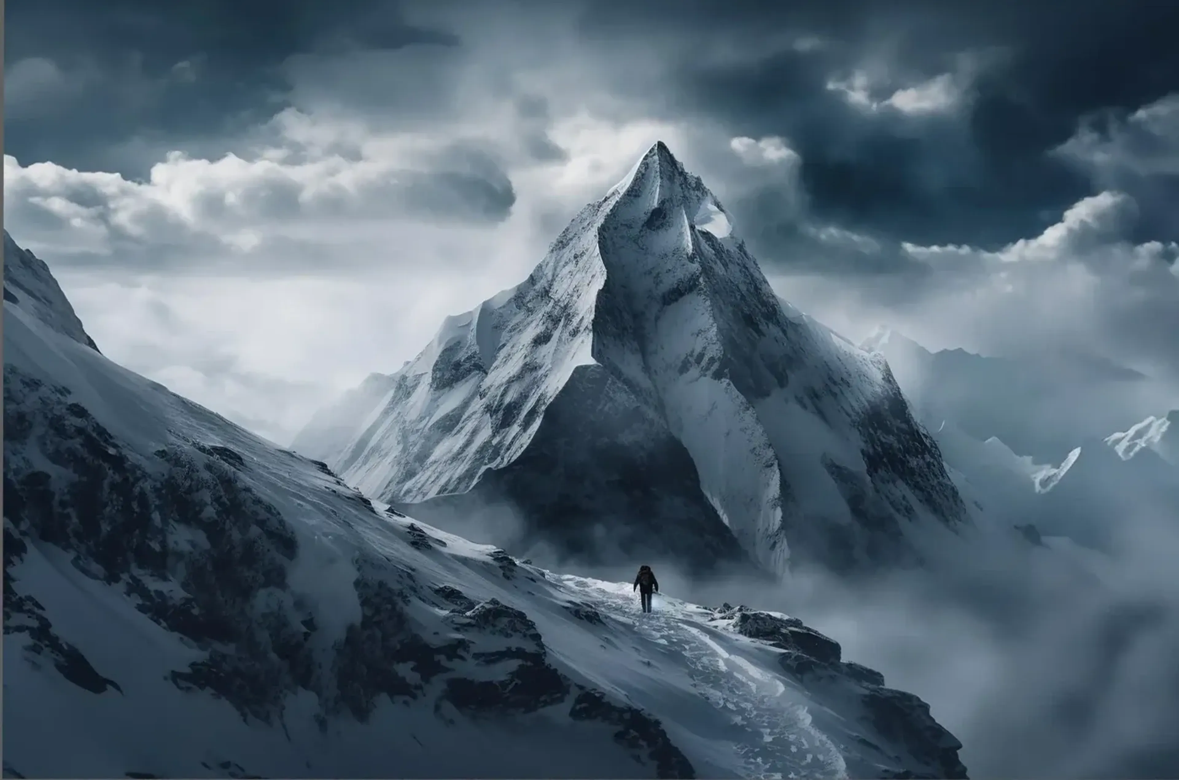 Eine einzelne Person steht auf einem Schneehang vor einem steilen, verschneiten Gipfel unter dunklen Wolken.