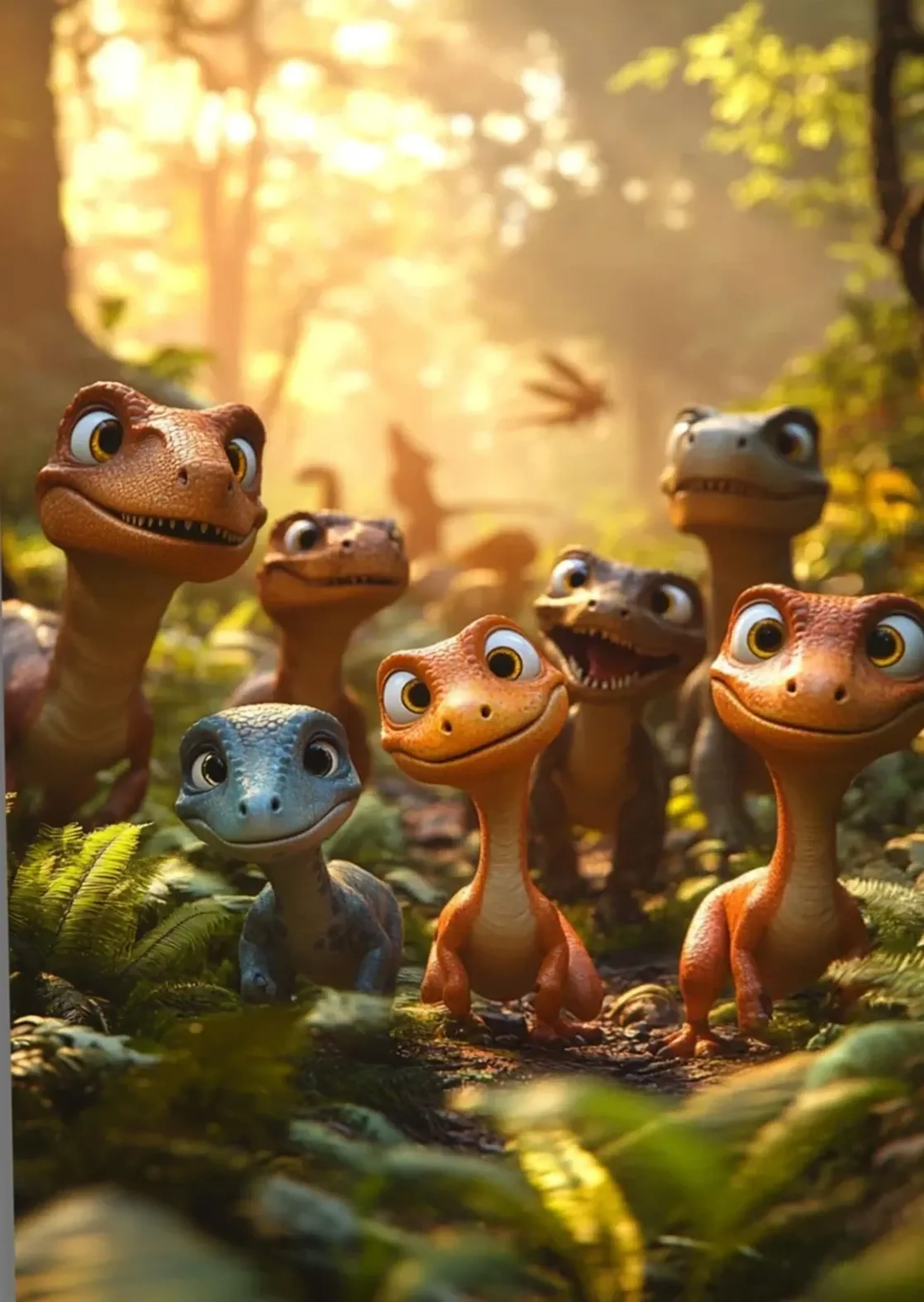 Eine Gruppe kleiner blaugrauer und orangebrauner Dinos steht zwischen Farnen im goldenen Waldlicht.
