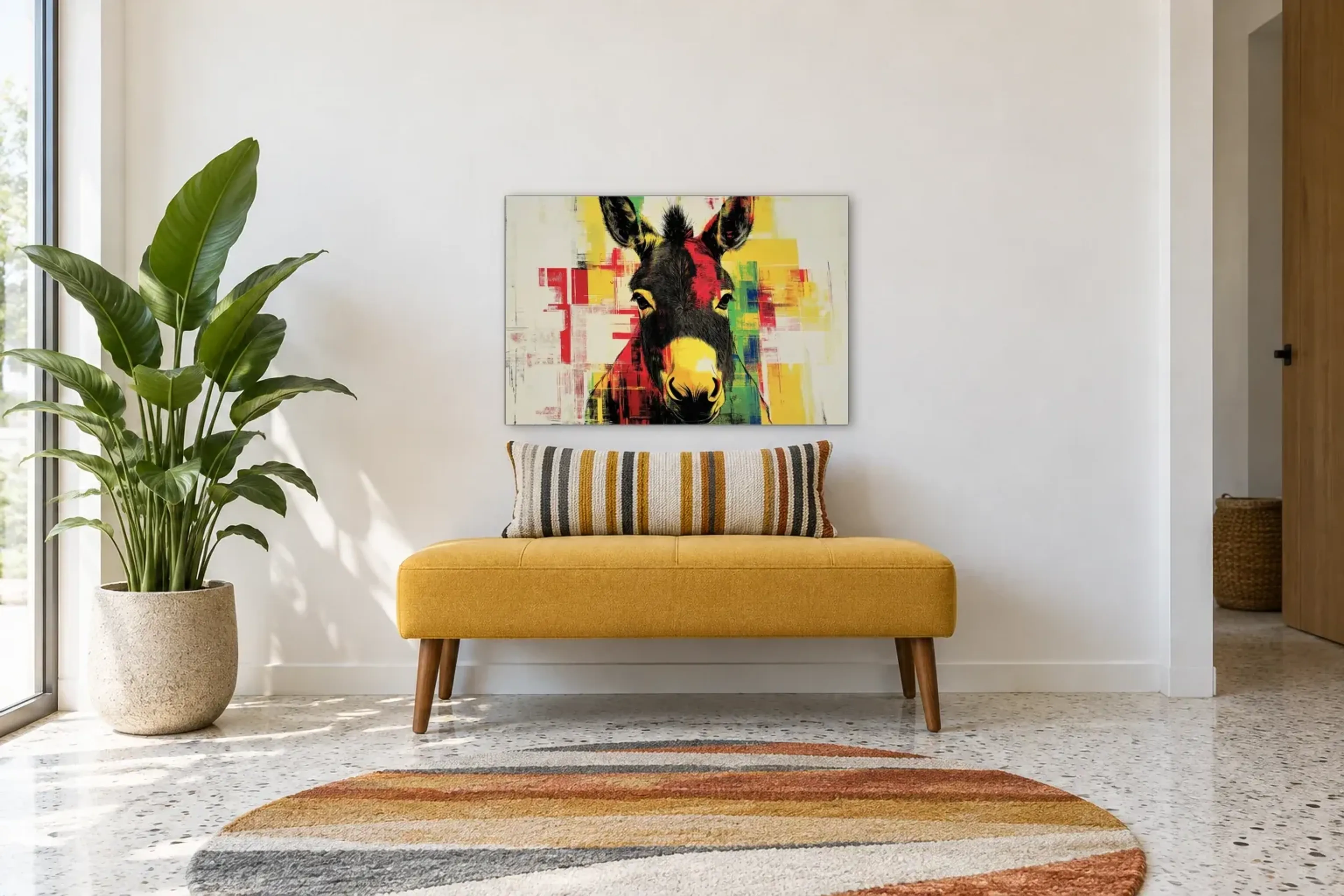 Esel in bunten Flächen als Wandbild über einer 120-cm-Bank