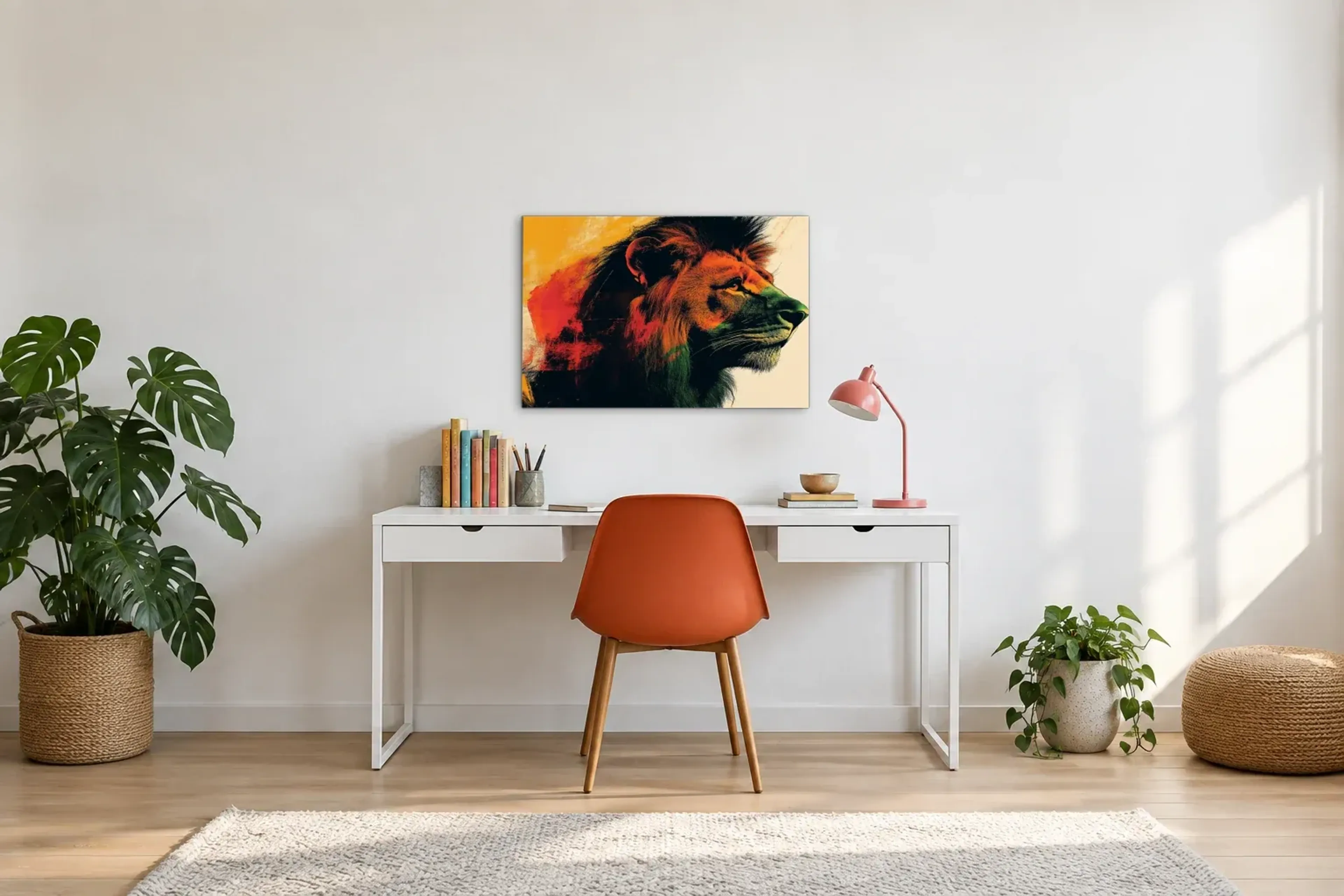 Löwe im Farbspiel als Wandbild über einem 140-cm-Schreibtisch