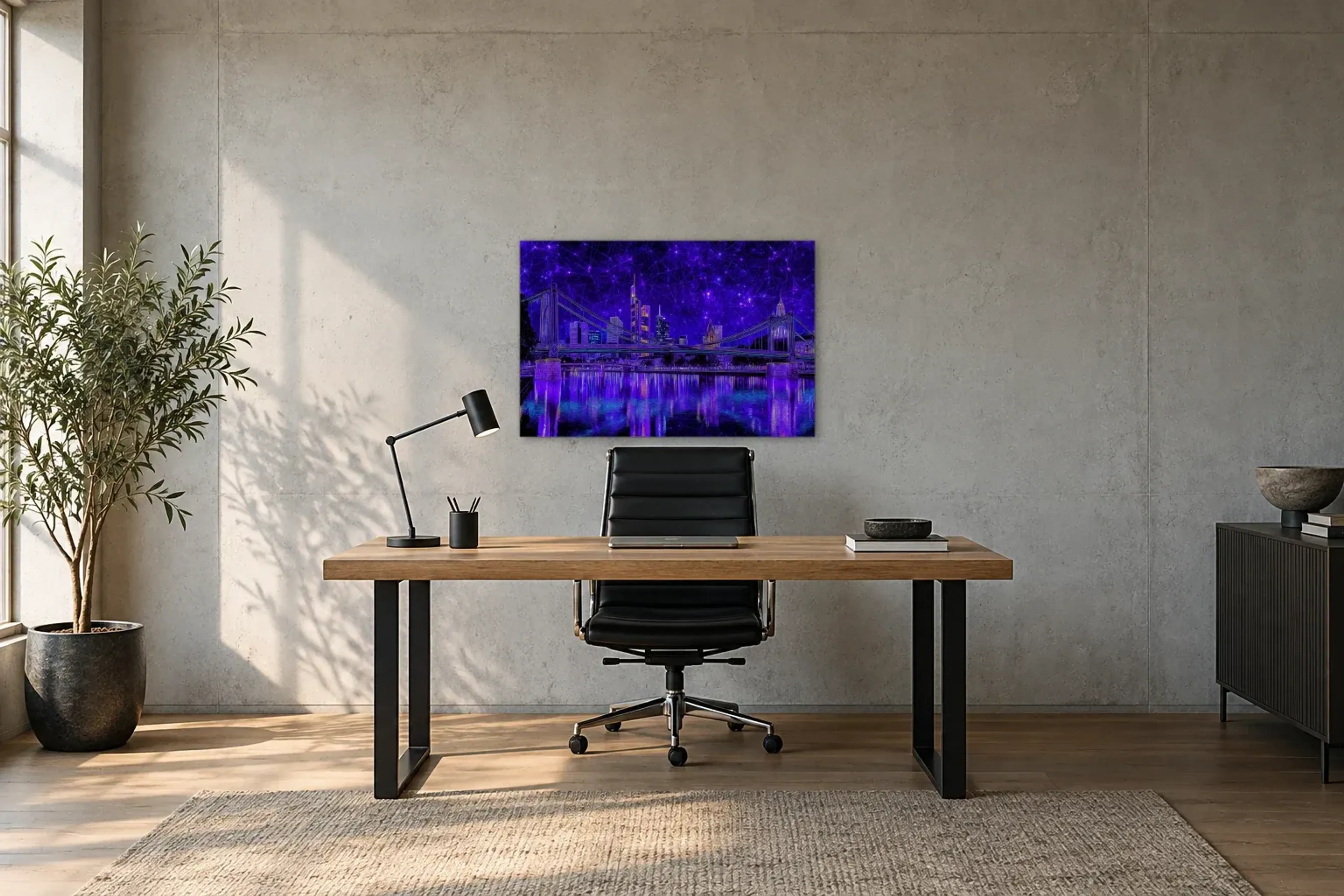 Frankfurt unter violettem Netz als Wandbild über einem 160-cm-Schreibtisch