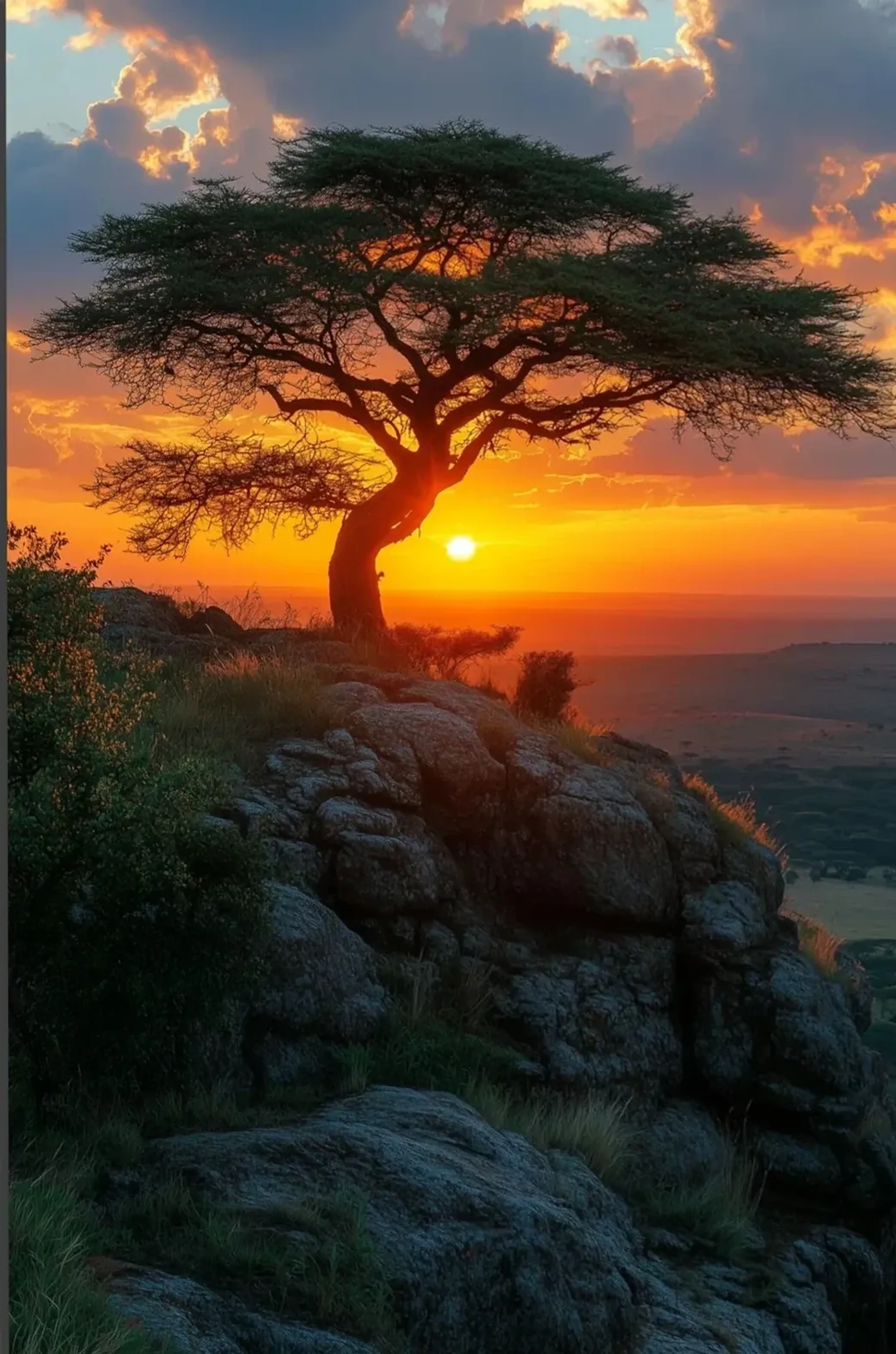 Ein ausladender Baum auf einem felsigen Hang vor einer tief stehenden Sonne und orange leuchtenden Wolken.