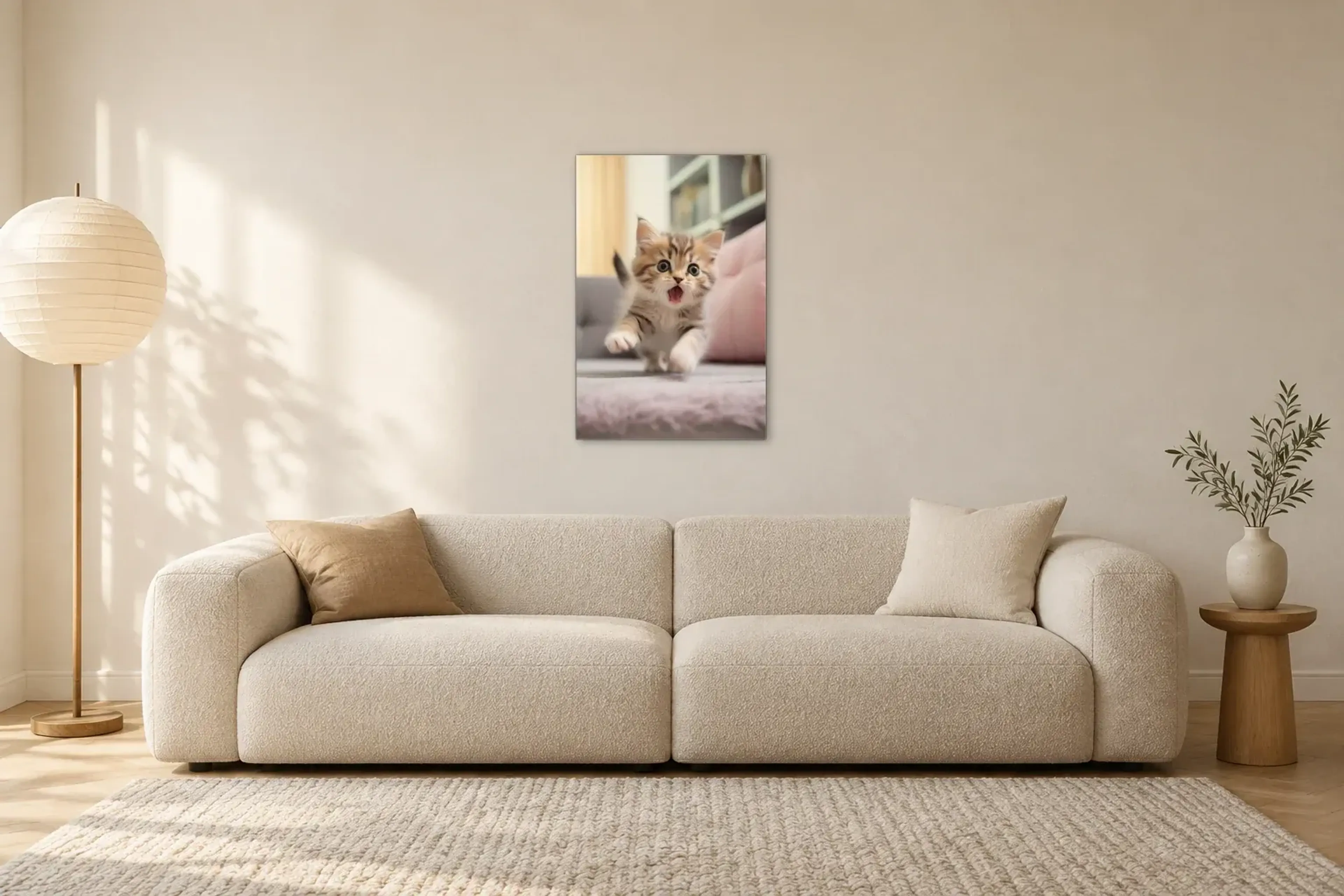 Kätzchen auf Entdeckungstour als Wandbild über einem 230-cm-Sofa