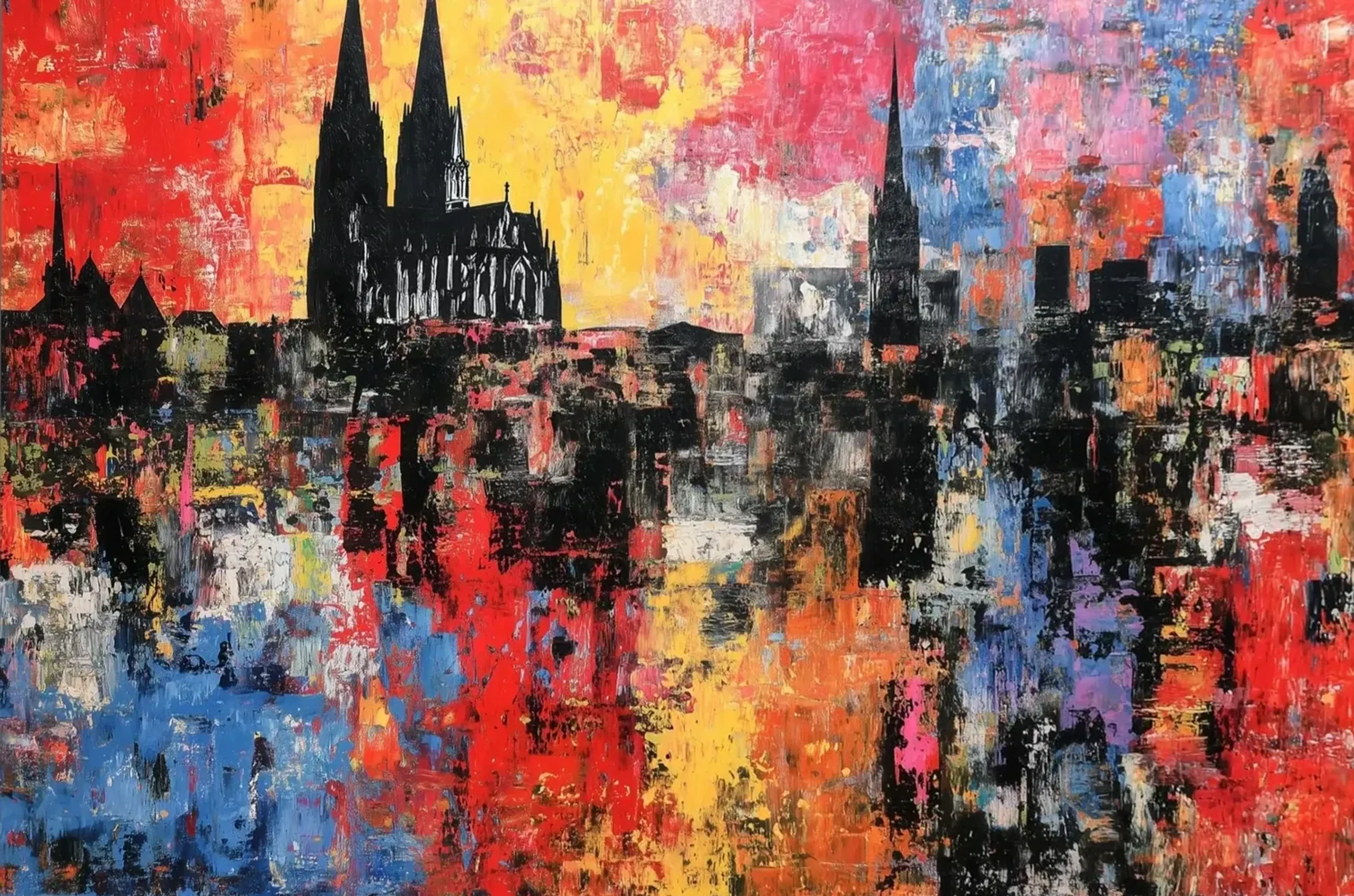 Schwarze Silhouette des Kölner Doms zwischen abstrakten Farbflächen in Rot, Gelb, Blau und Violett.