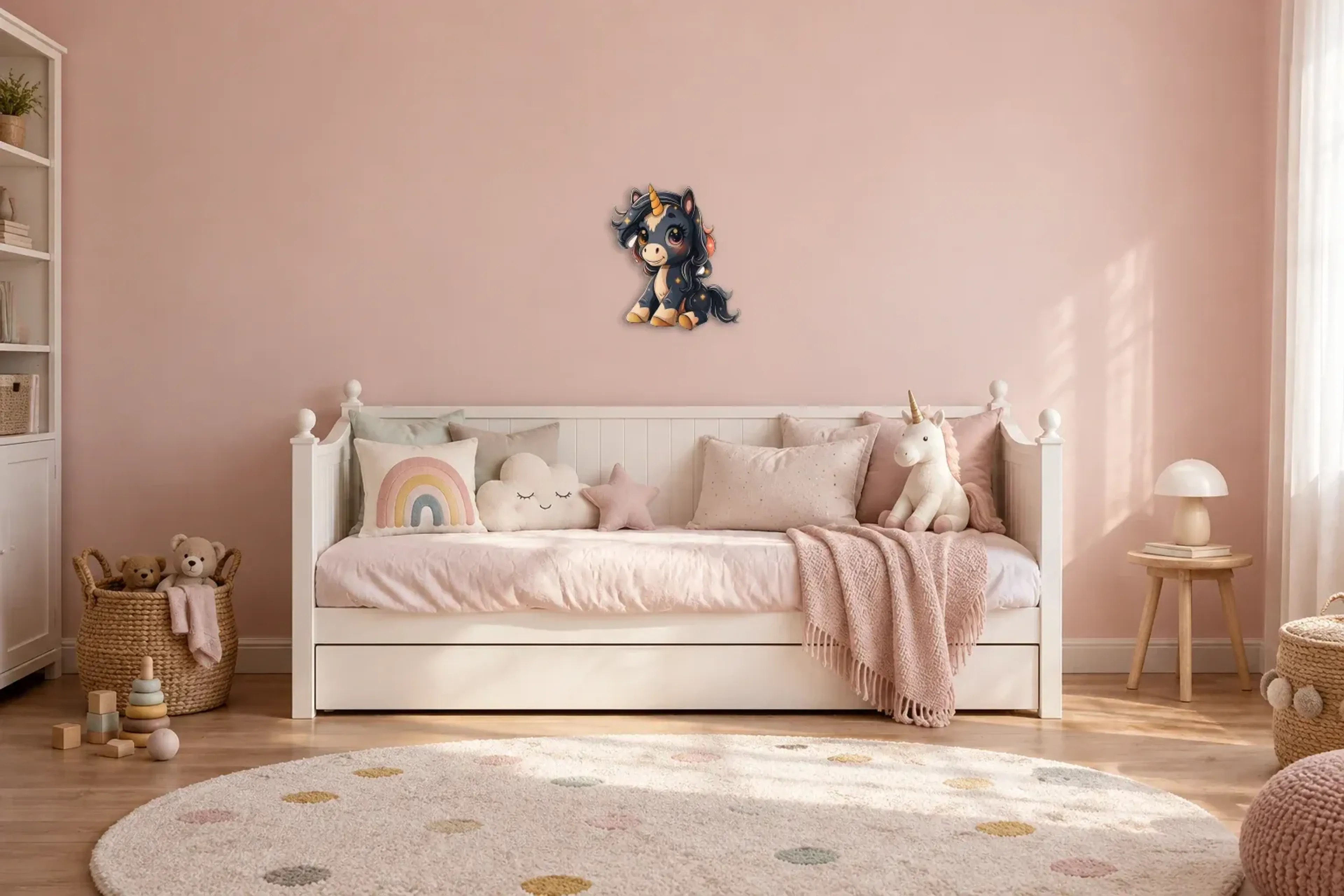 Einhorn schwarz/gold als Wandbild über einem 200-cm-Kinderbett