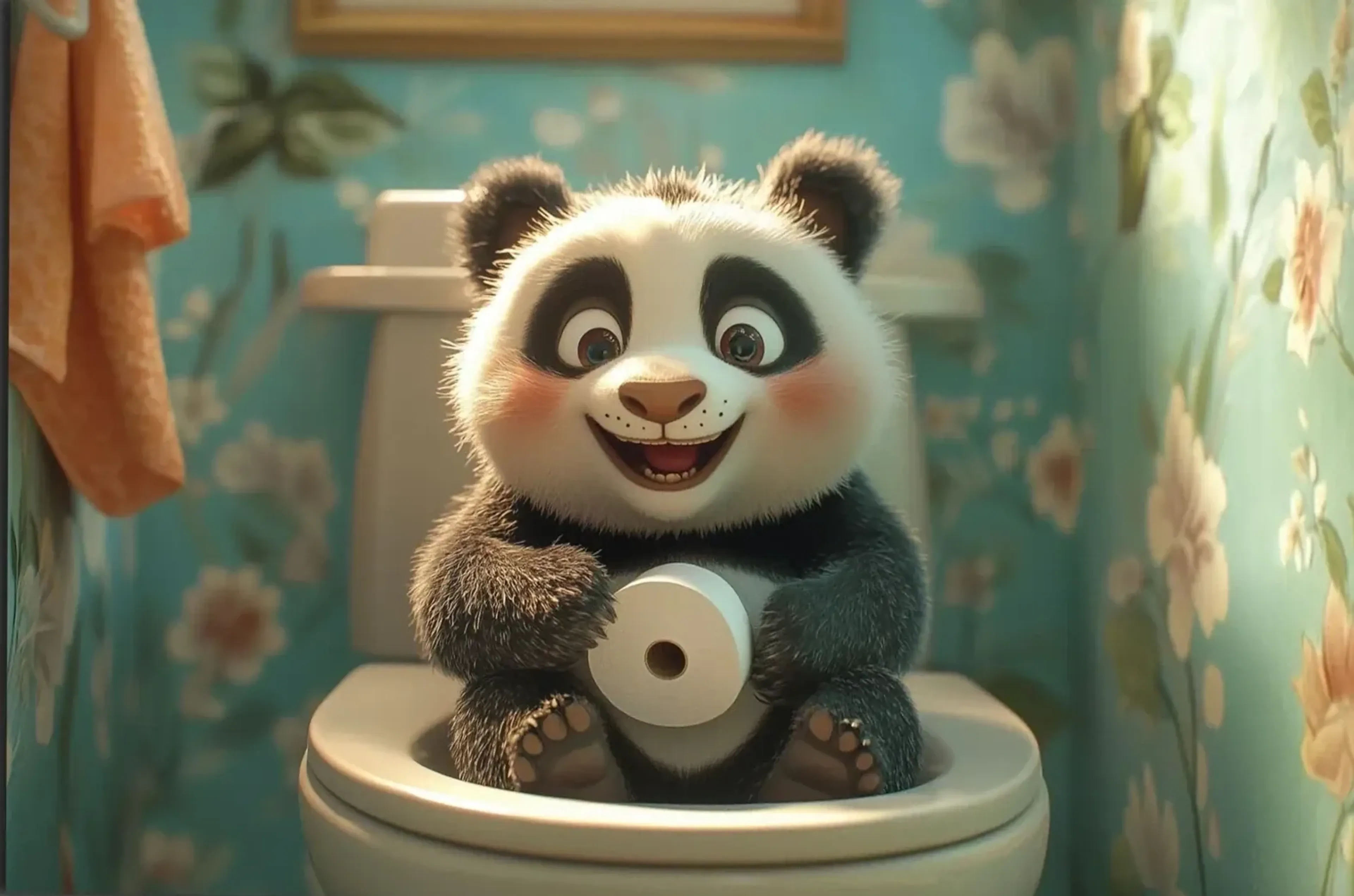 Panda mit Papierrolle – Motiv als Wandbild auf Holz
