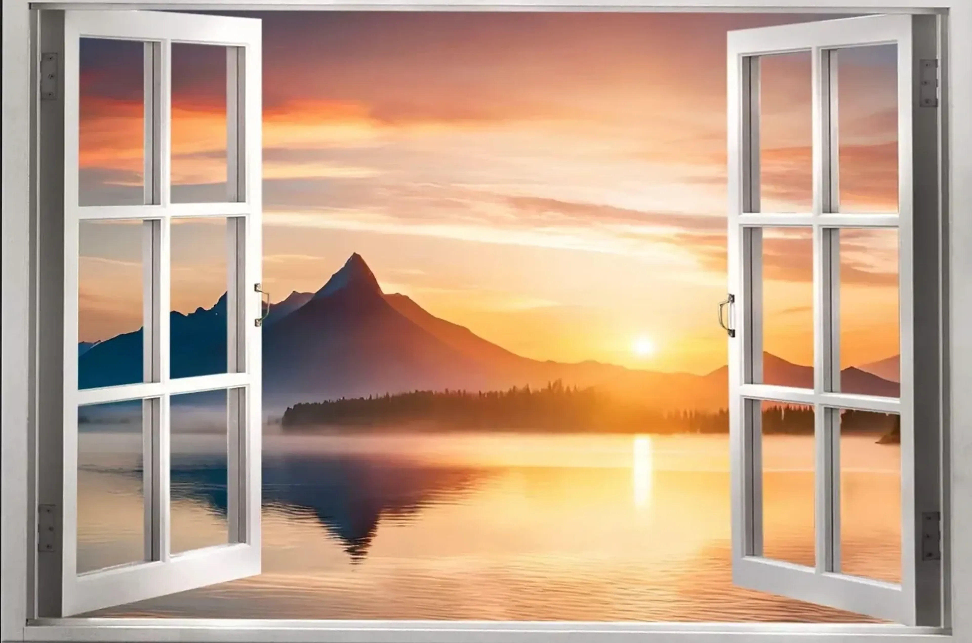 Weiße Fensterflügel rahmen einen See mit Bergsilhouetten, Nebel und einer tief stehenden Sonne in goldenem Licht.