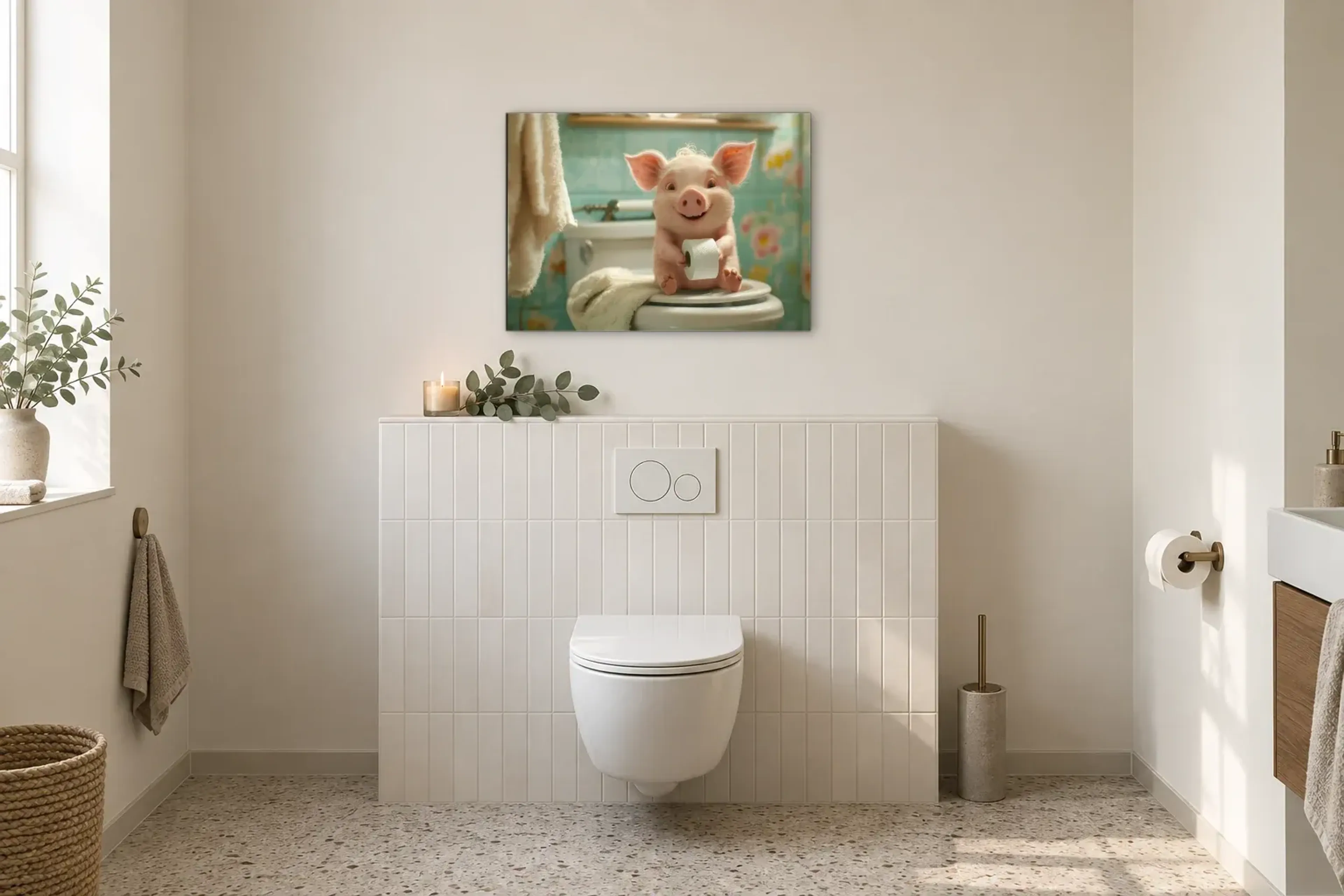 Ferkel mit Klorolle als Wandbild im Gäste-WC