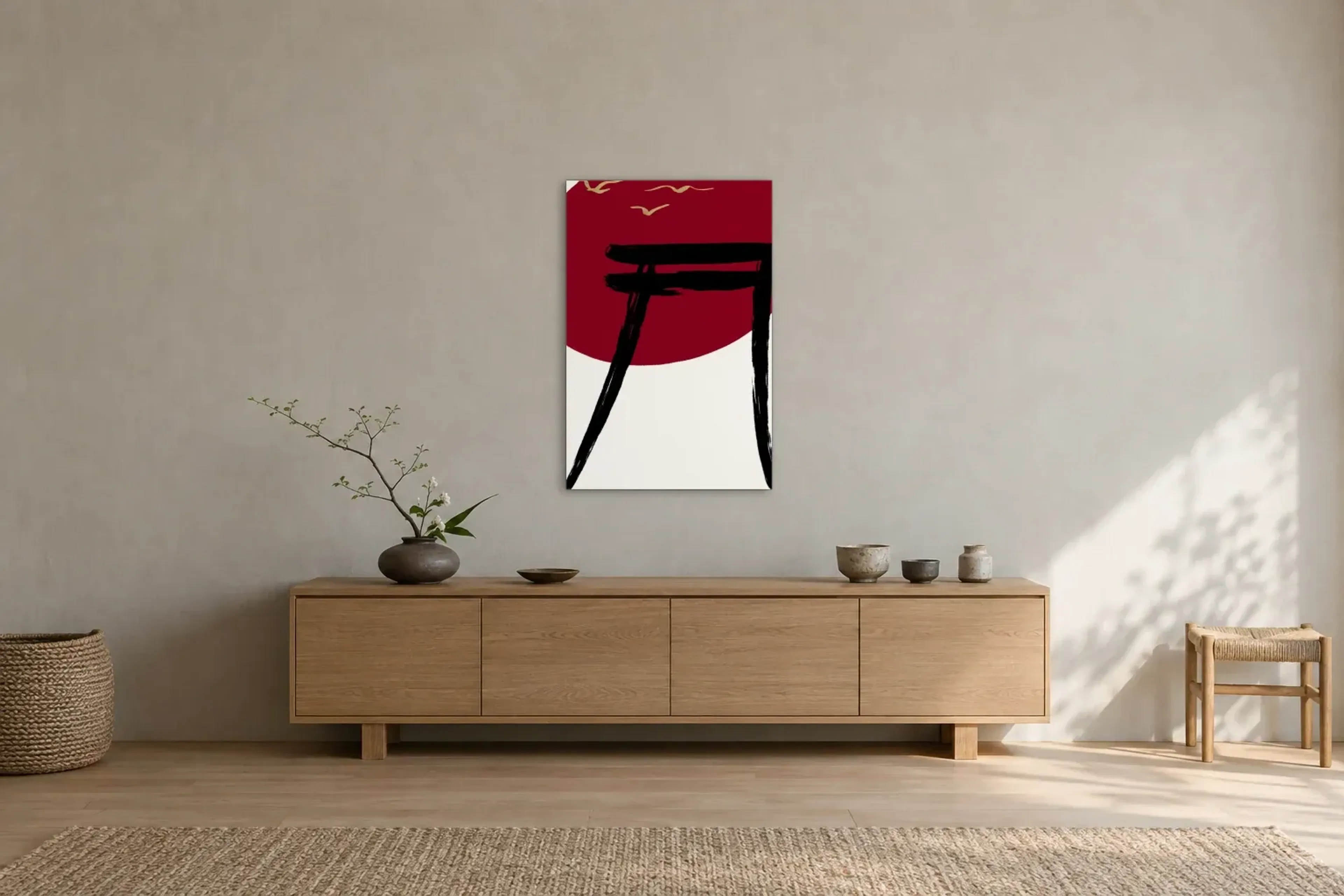 Tor vor roter Sonne als Wandbild über einem 180-cm-Sideboard