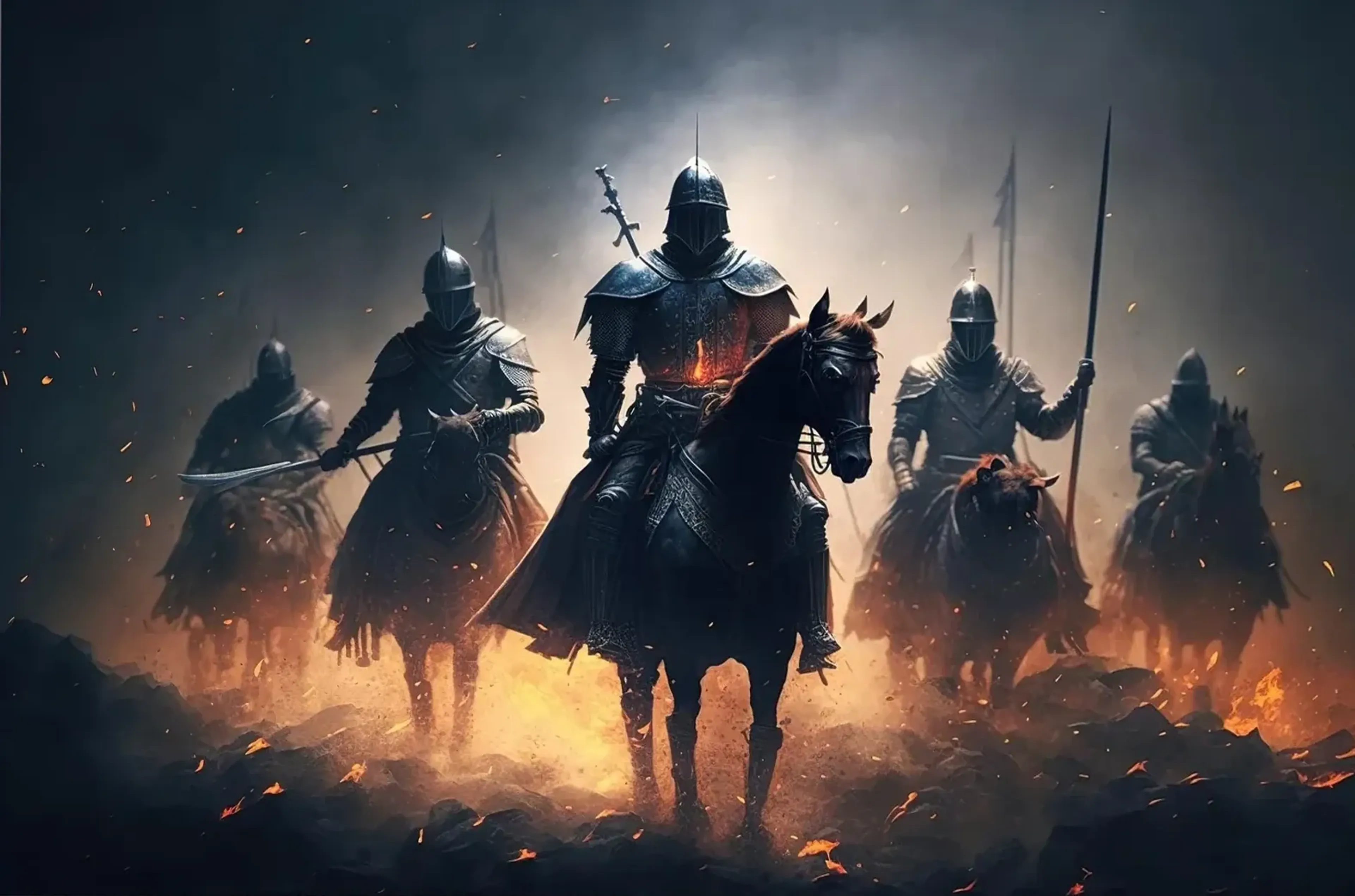 Fünf gerüstete Ritter auf dunklen Pferden reiten durch Rauch, Funken und orangefarbenen Feuerschein.