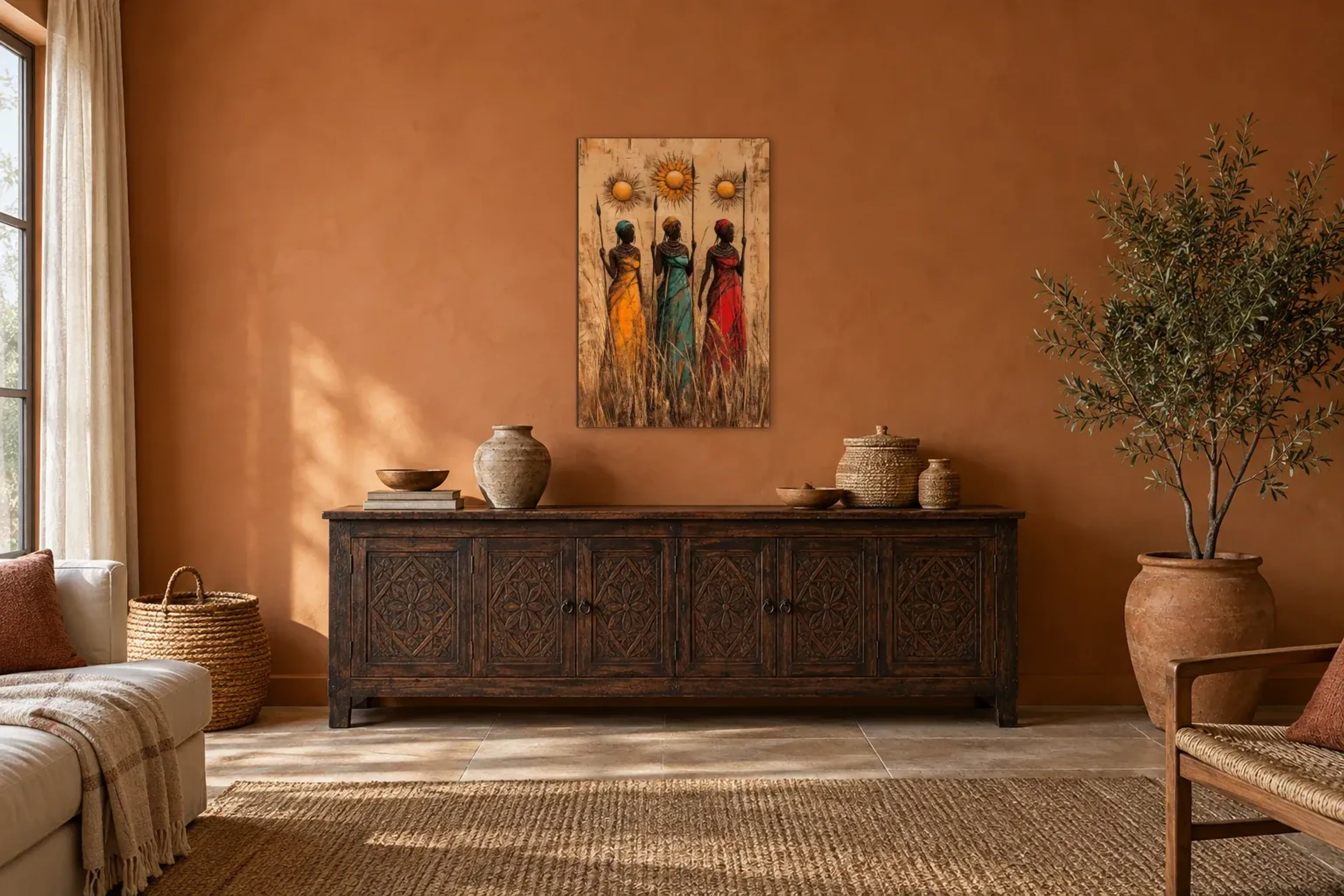 Drei Frauen im Gras als Wandbild über einem 180-cm-Sideboard