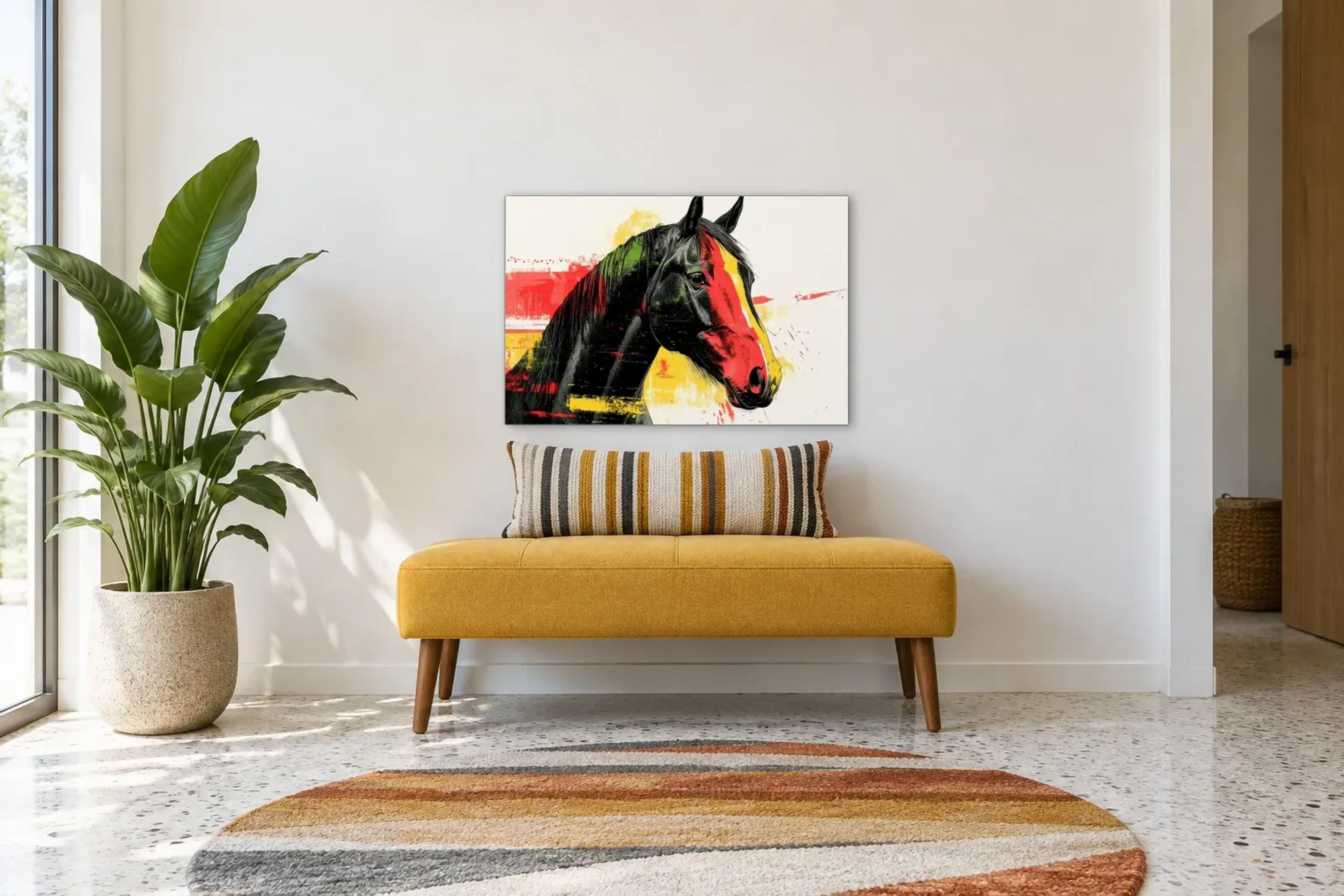 Pferd mit roter Stirn als Wandbild über einer 120-cm-Bank