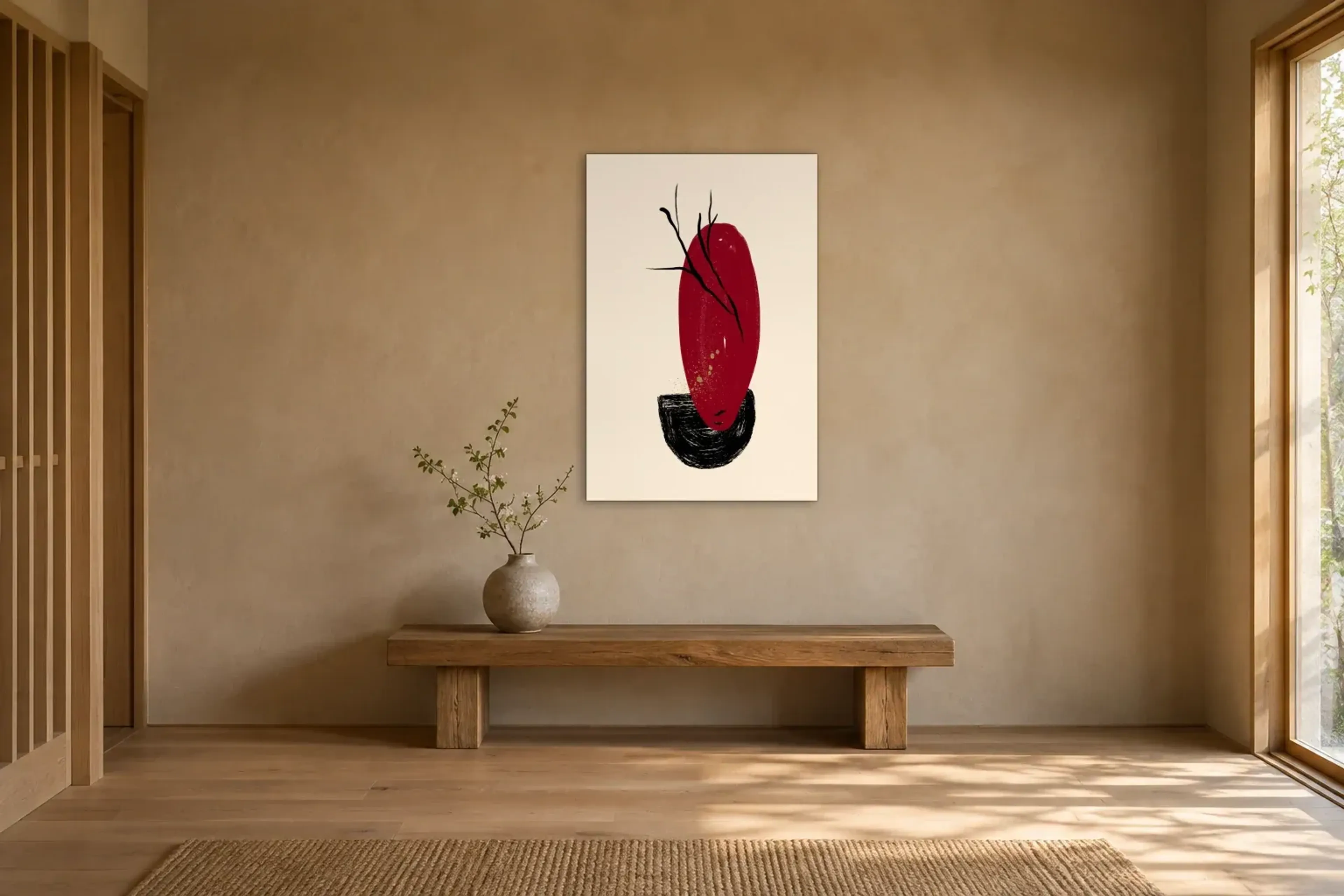 Rotes Oval mit Zweig als Wandbild über einer 120-cm-Holzbank