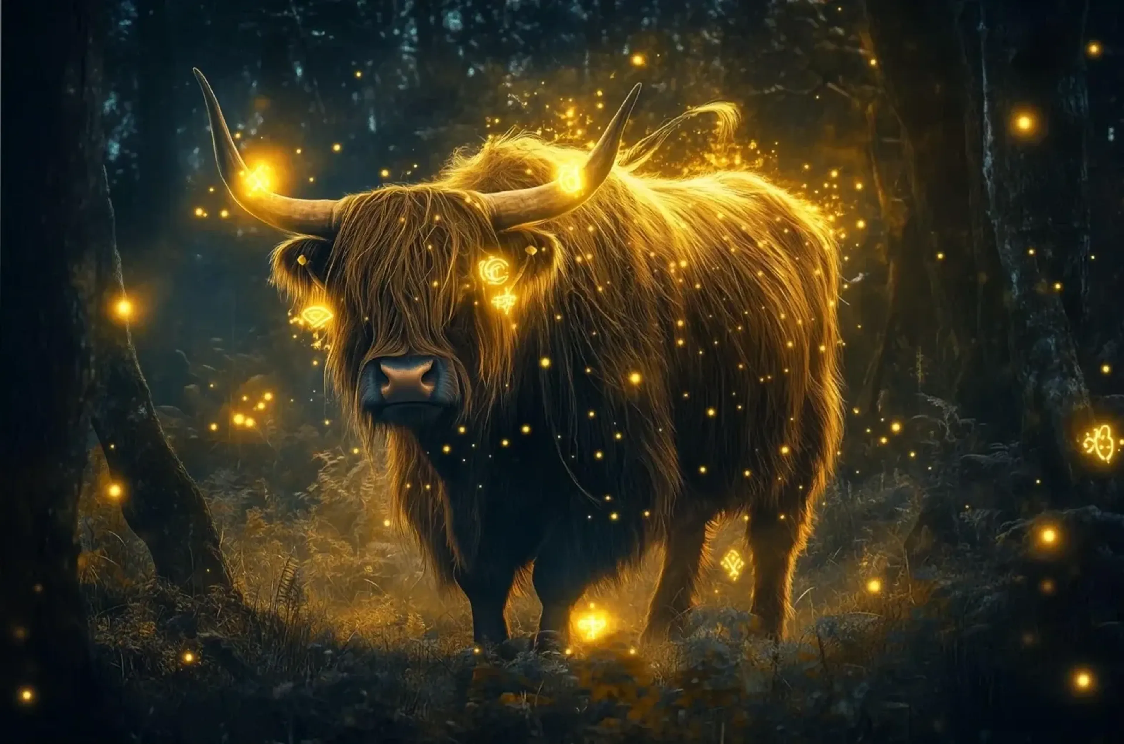 Hochlandrind im dunklen Wald, dessen Fell und Hörner von goldenen Lichtpunkten und leuchtenden Zeichen umgeben sind.