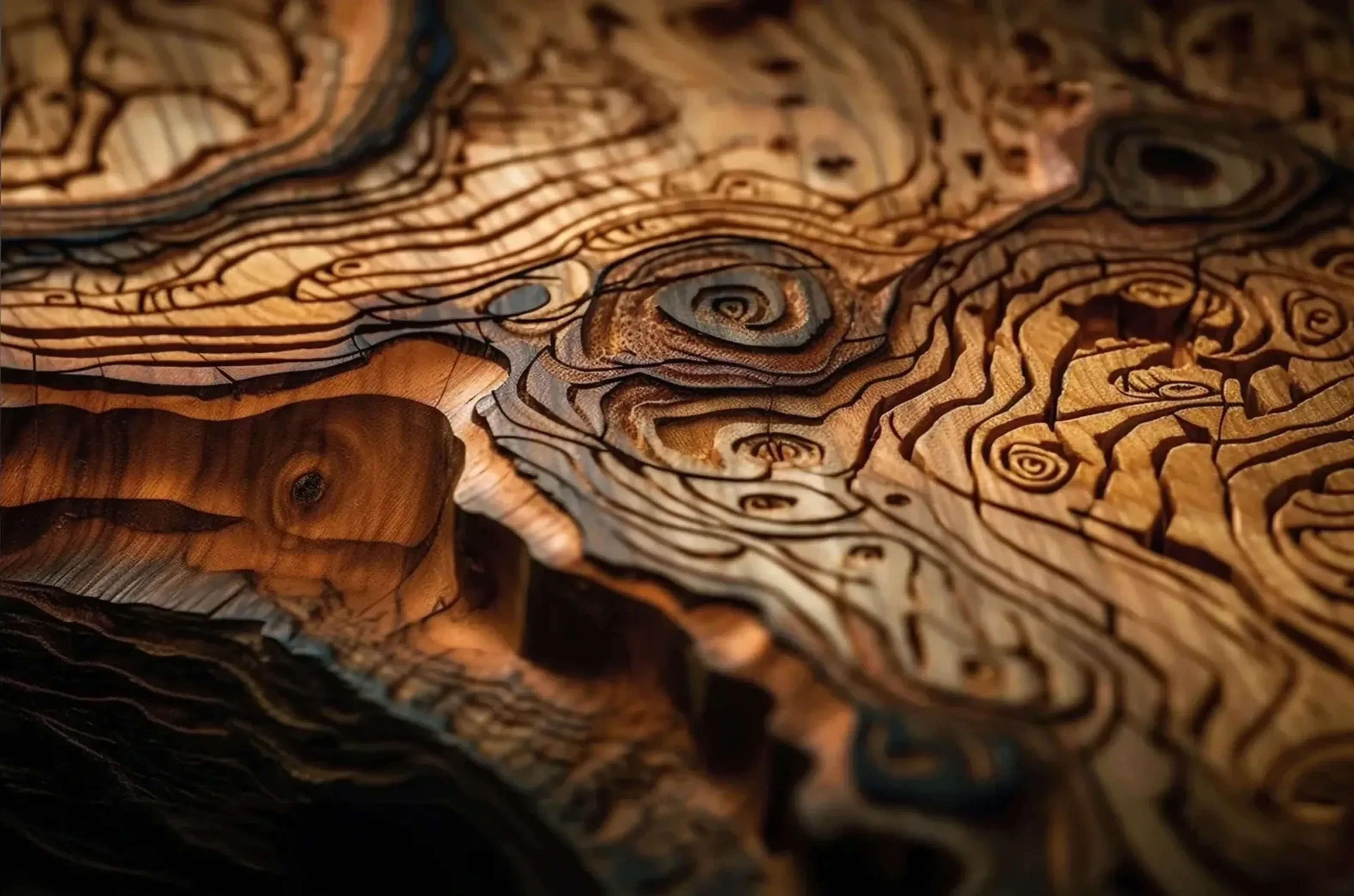 Holz in geschwungenen Linien – Motiv als Wandbild auf Holz