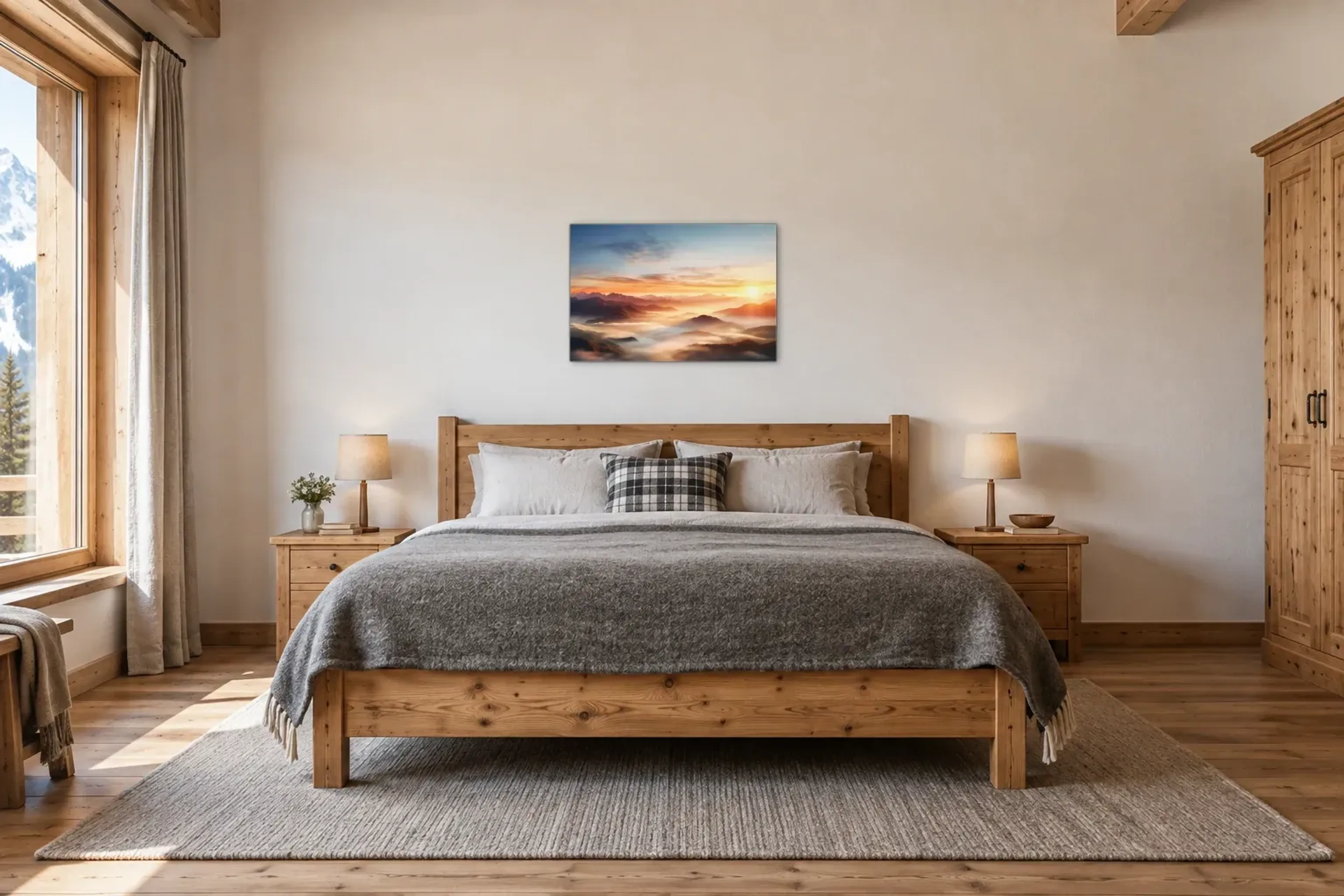 Sonnenaufgang über Nebeltälern als Wandbild über einem 180-cm-Bett