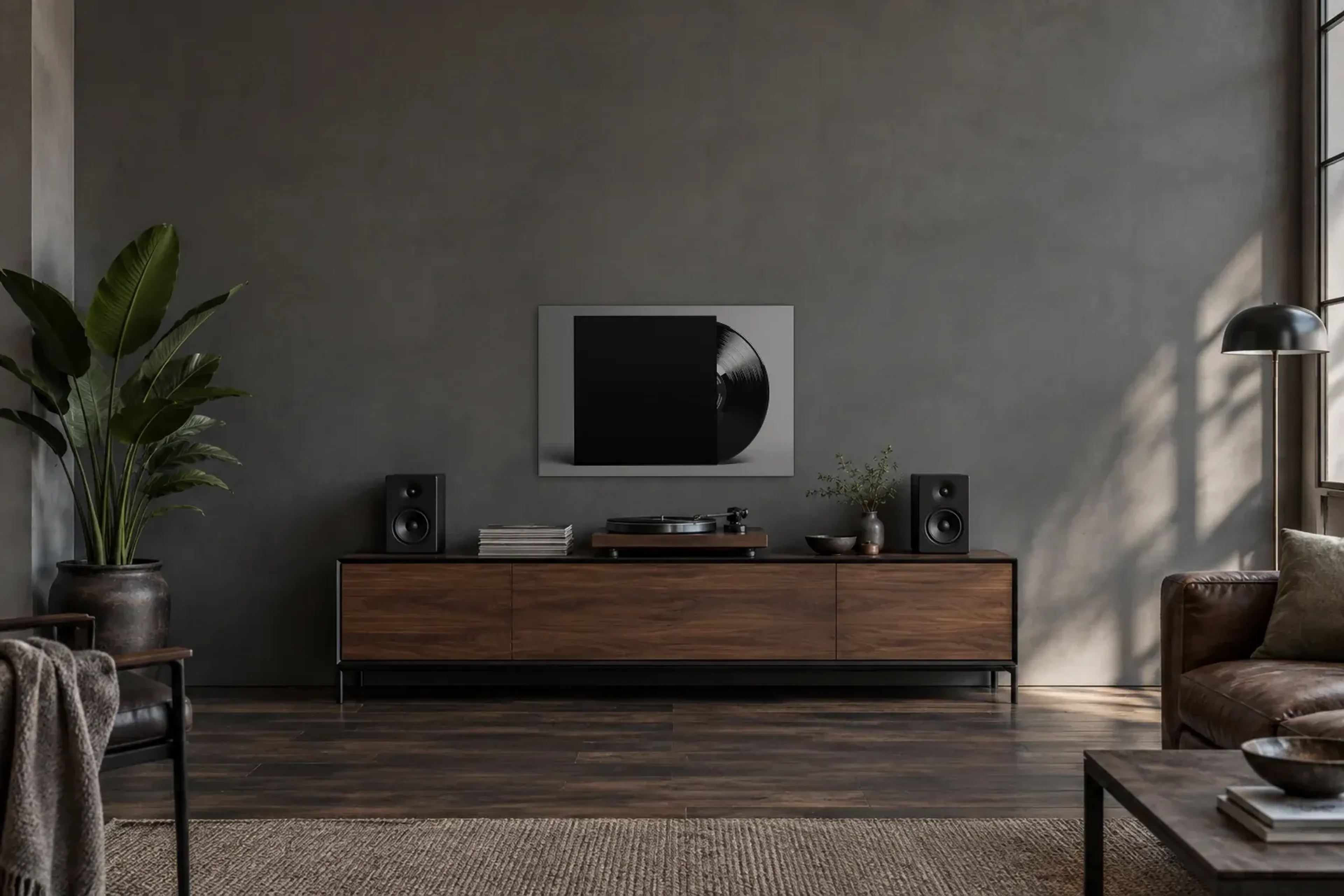 Schallplatte LP schwarzes Cover als Wandbild über einem 200-cm-Sideboard