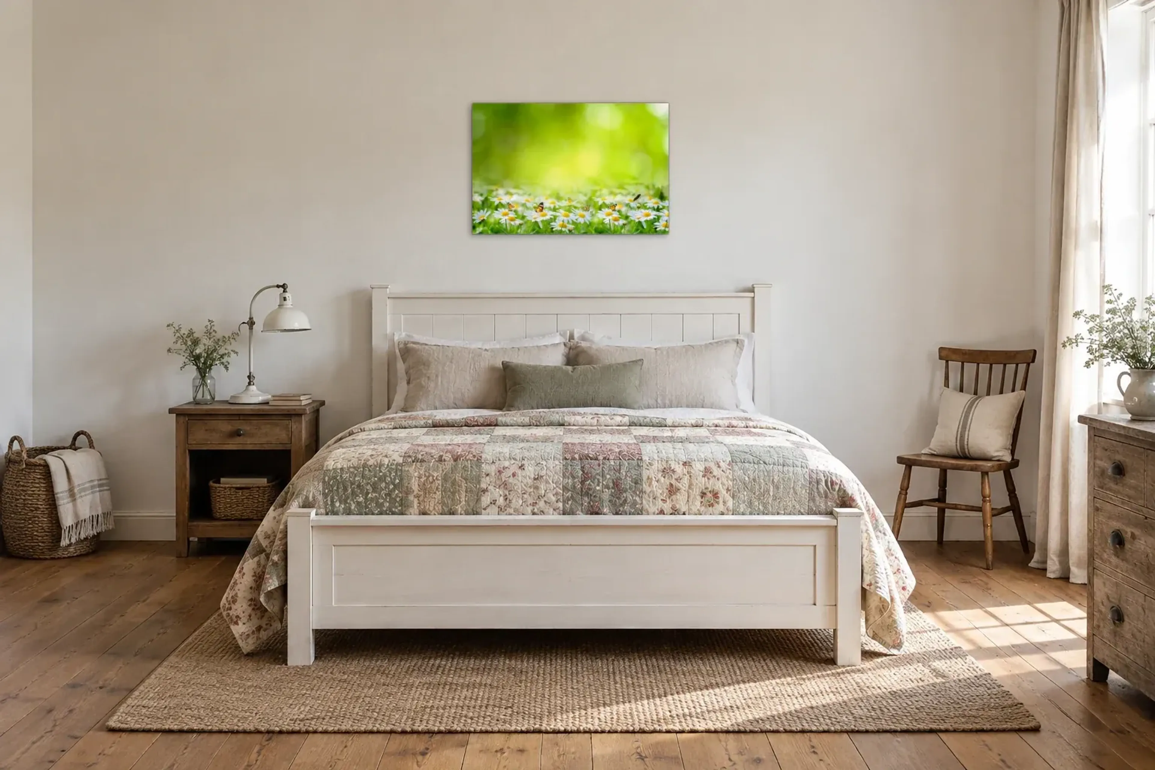 Gänseblümchen im Grünen als Wandbild über einem 160-cm-Bett