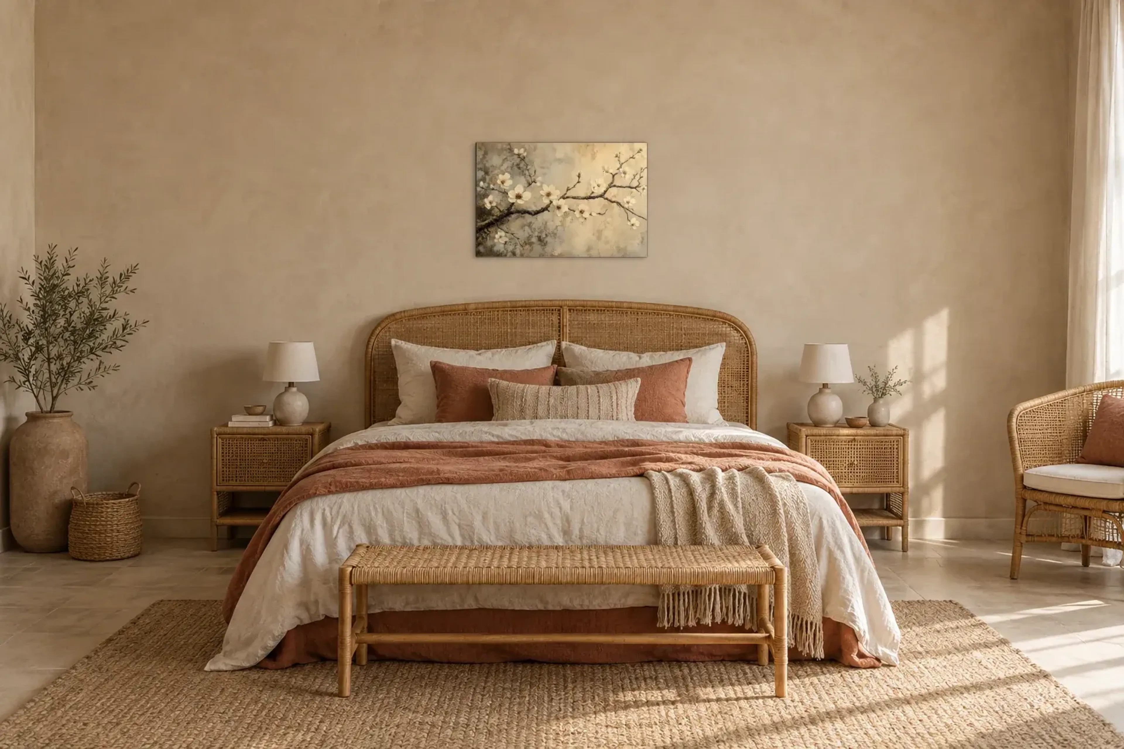 Mandelblüte als Wandbild über einem 180-cm-Bett