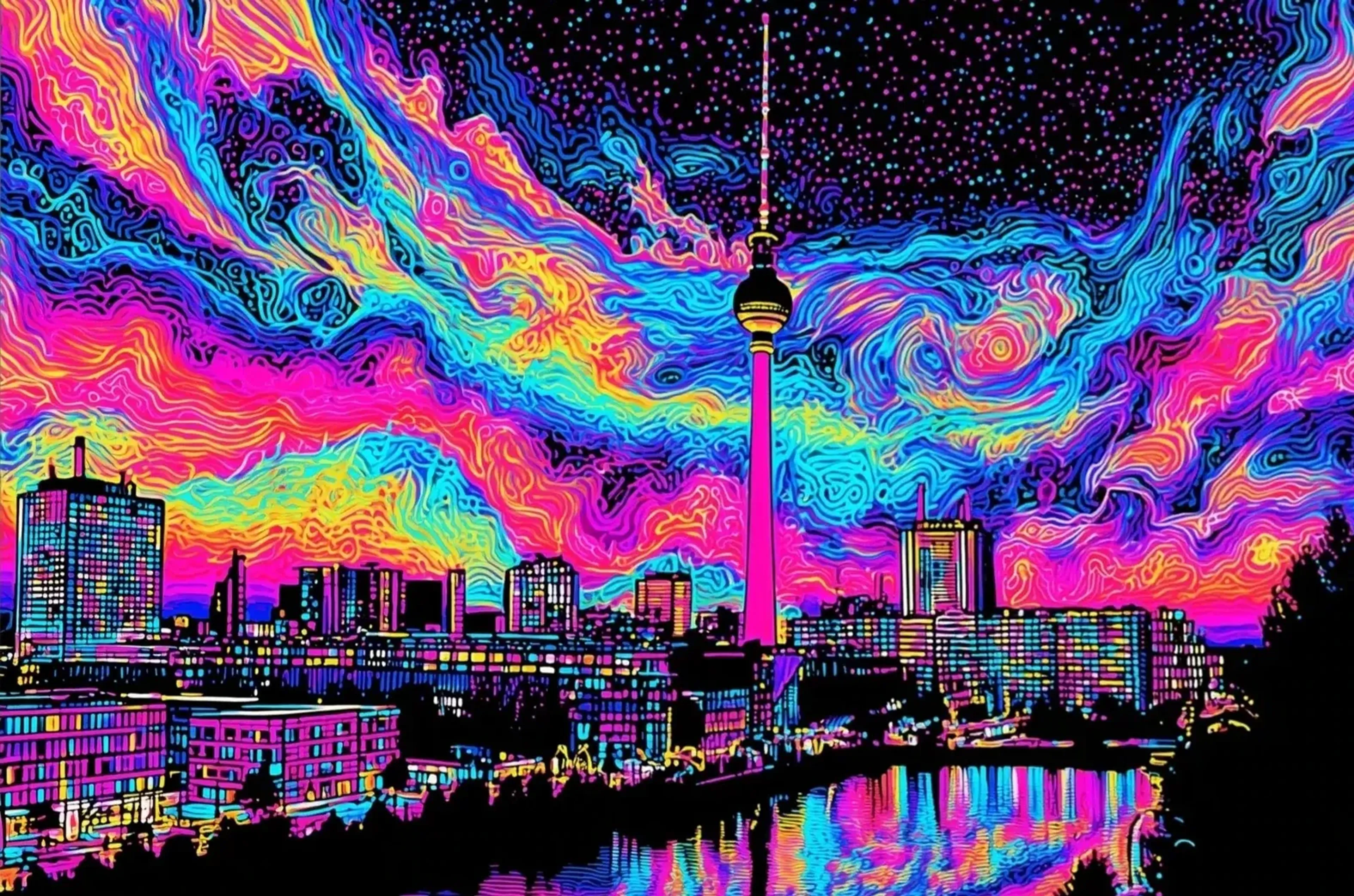 Berlin in Neonwirbeln – Motiv als Wandbild auf Holz
