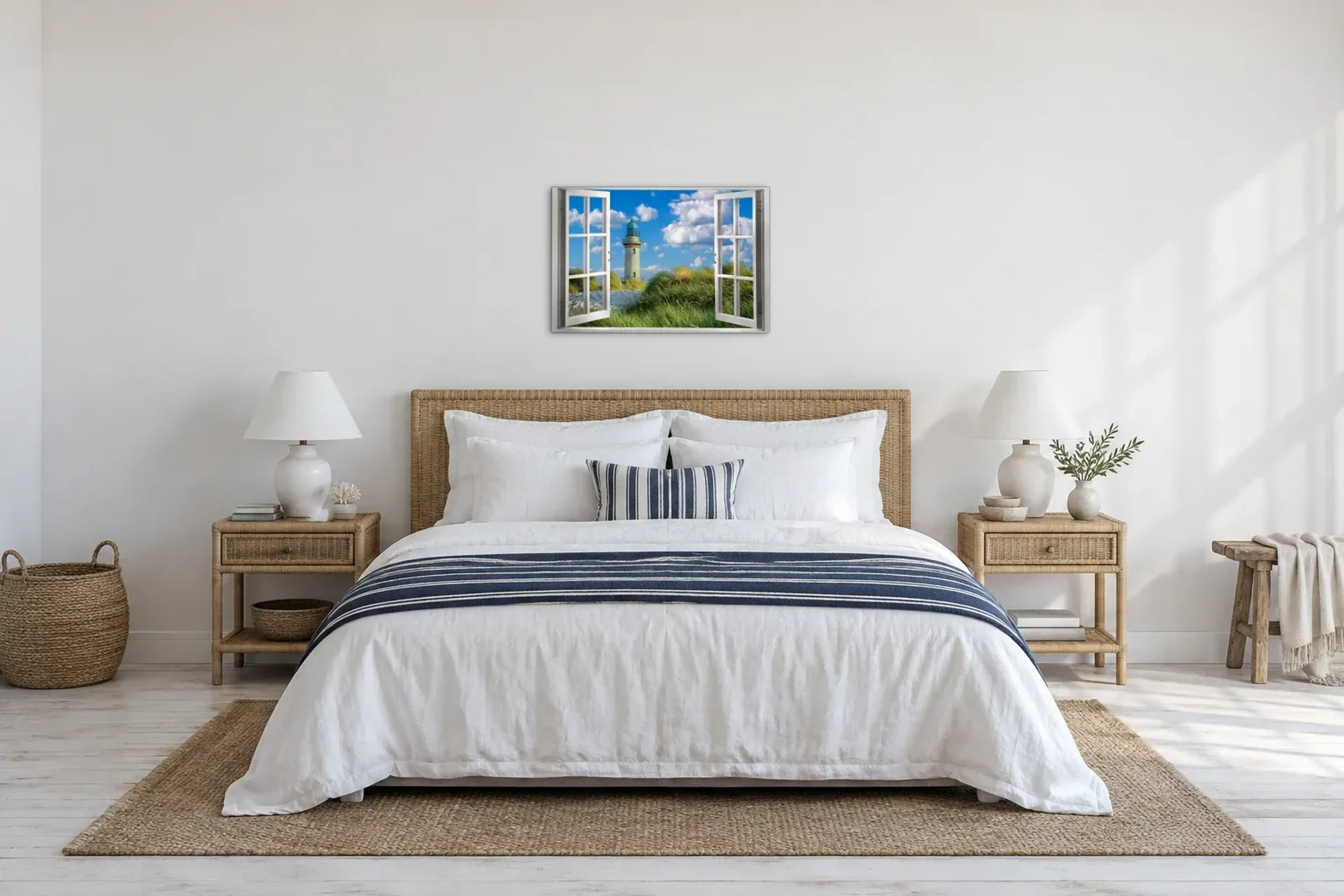 Leuchtturm in den Dünen als Wandbild über einem 180-cm-Bett