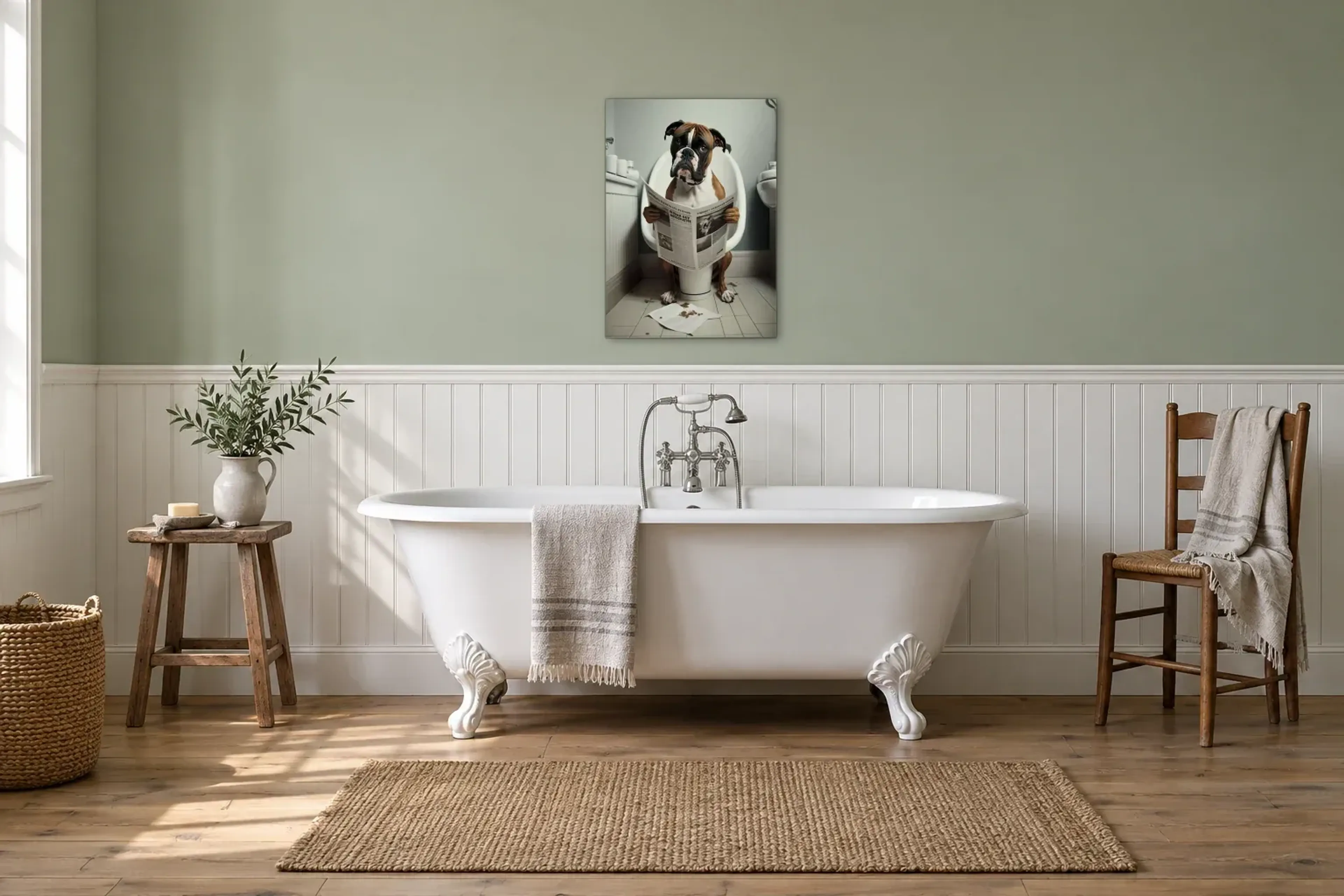 Boxer mit Zeitung als Wandbild über einer 170-cm-Badewanne