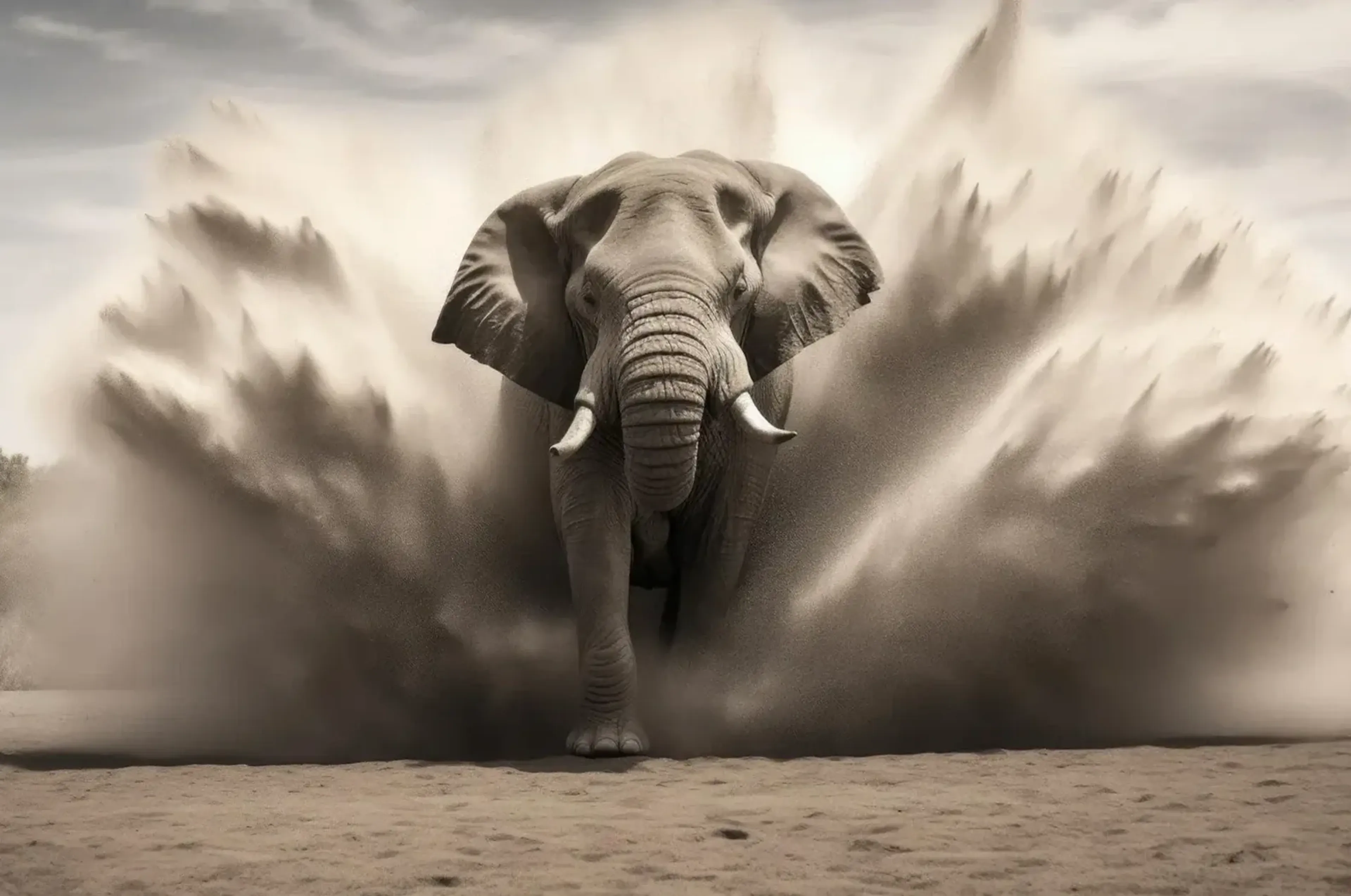 Ein Elefant mit eingerolltem Rüssel läuft frontal durch eine zu beiden Seiten aufwirbelnde Sandwolke.
