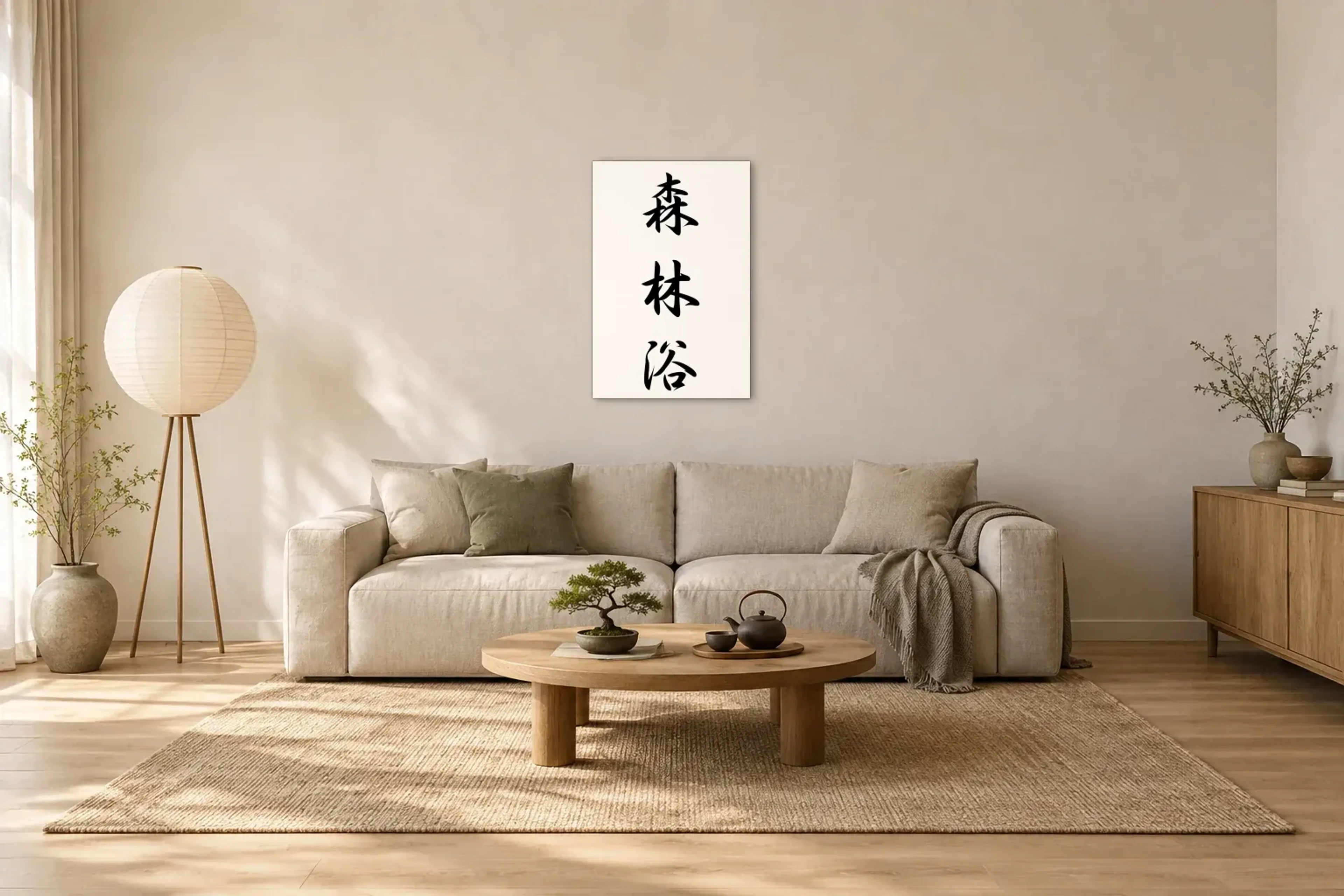 Drei kraftvolle Schriftzeichen als Wandbild über einem 220-cm-Sofa