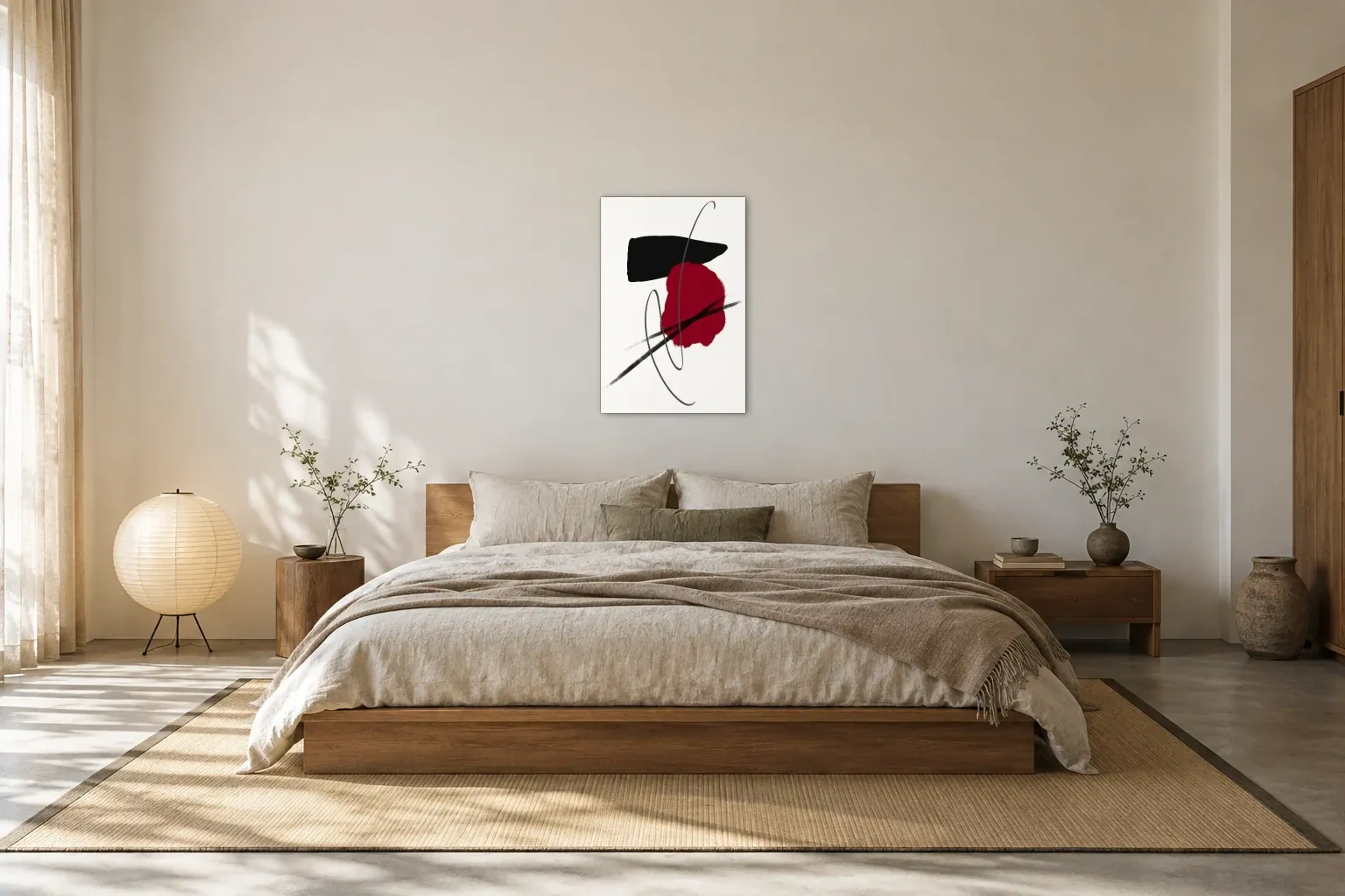 Schwünge um Rot als Wandbild über einem 180-cm-Bett