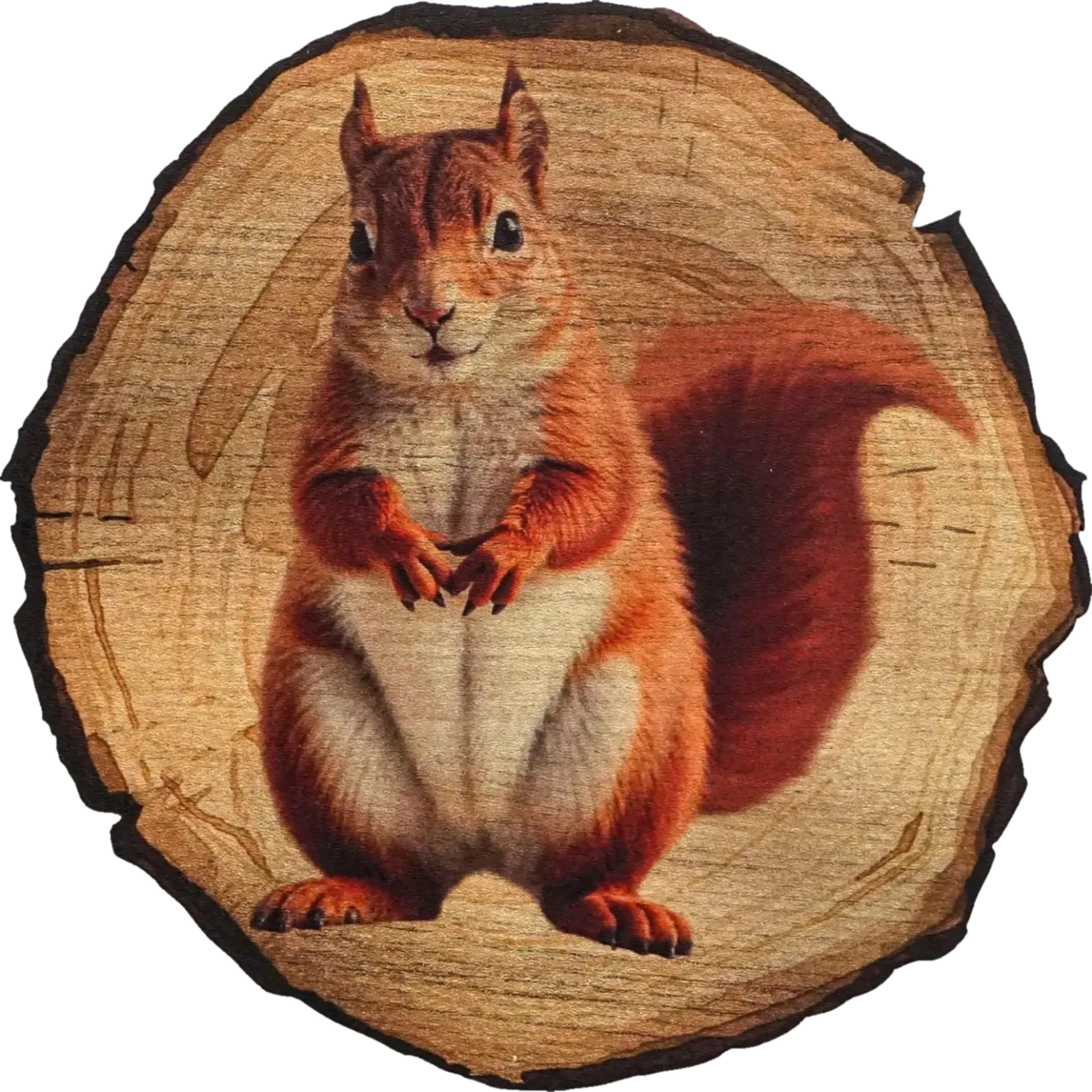 Rotbraunes Eichhörnchen mit hellem Bauch und buschigem Schwanz vor einer runden Holzoptik.