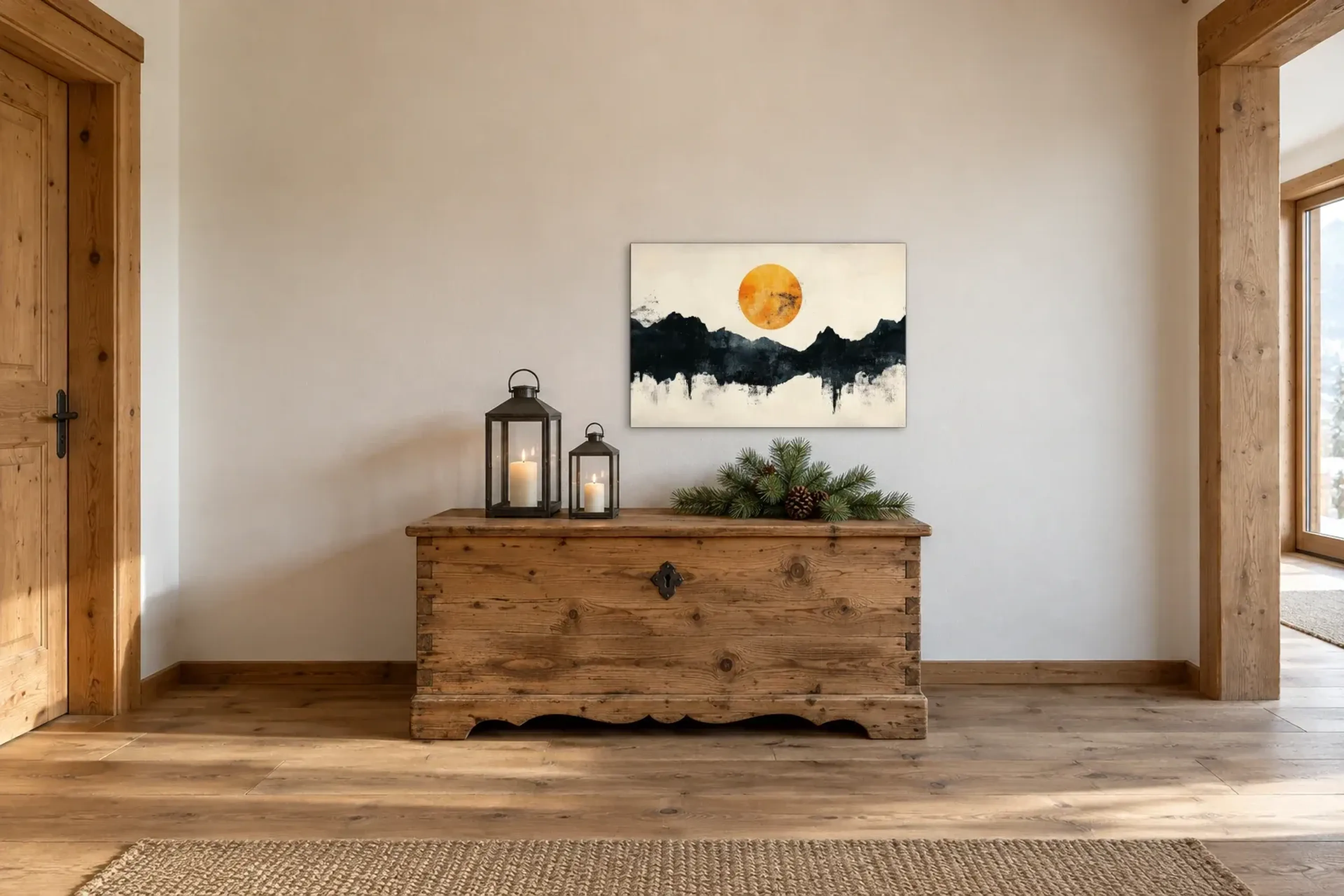 Sonne über Bergen als Wandbild über einer 140-cm-Truhe