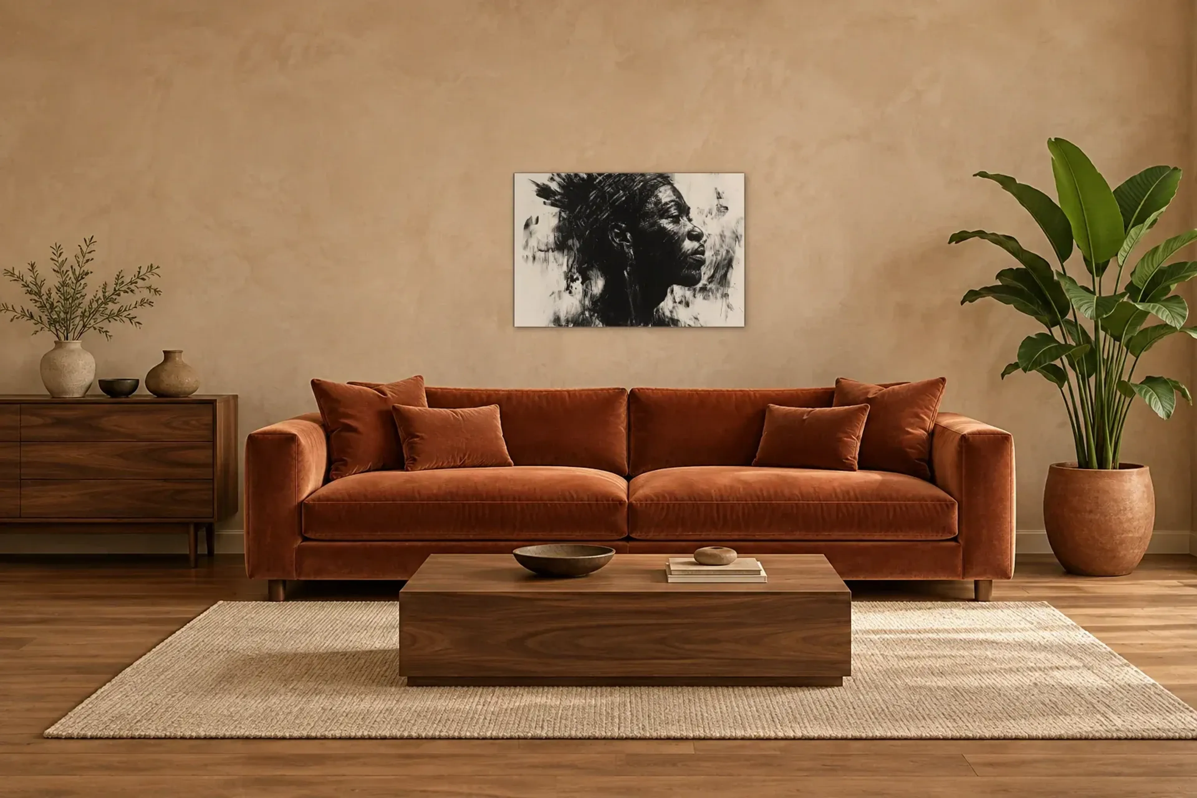 Profil in Schwarzweiß als Wandbild über einem 220-cm-Sofa