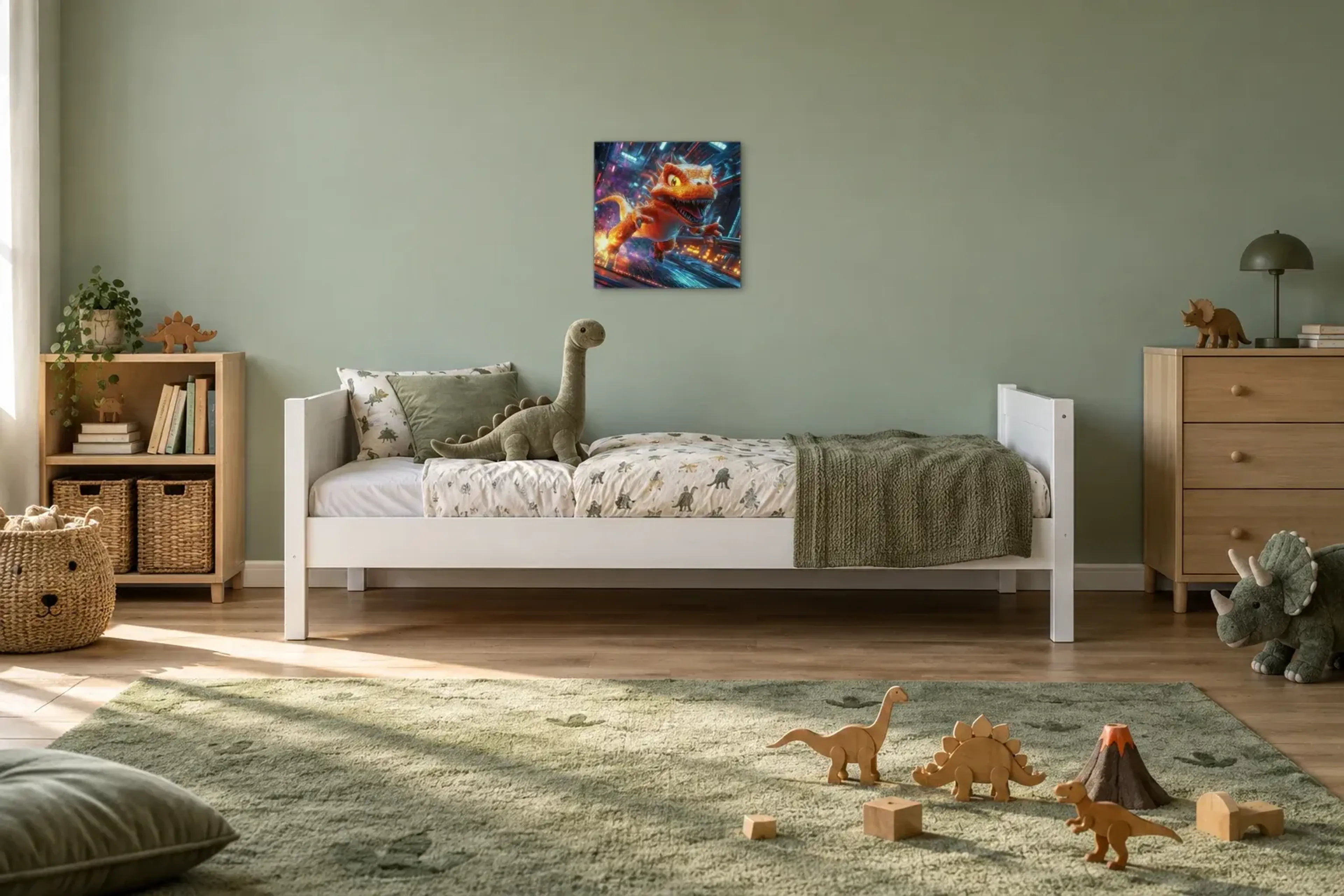 Dino auf Funkenspur als Wandbild über einem 200-cm-Kinderbett