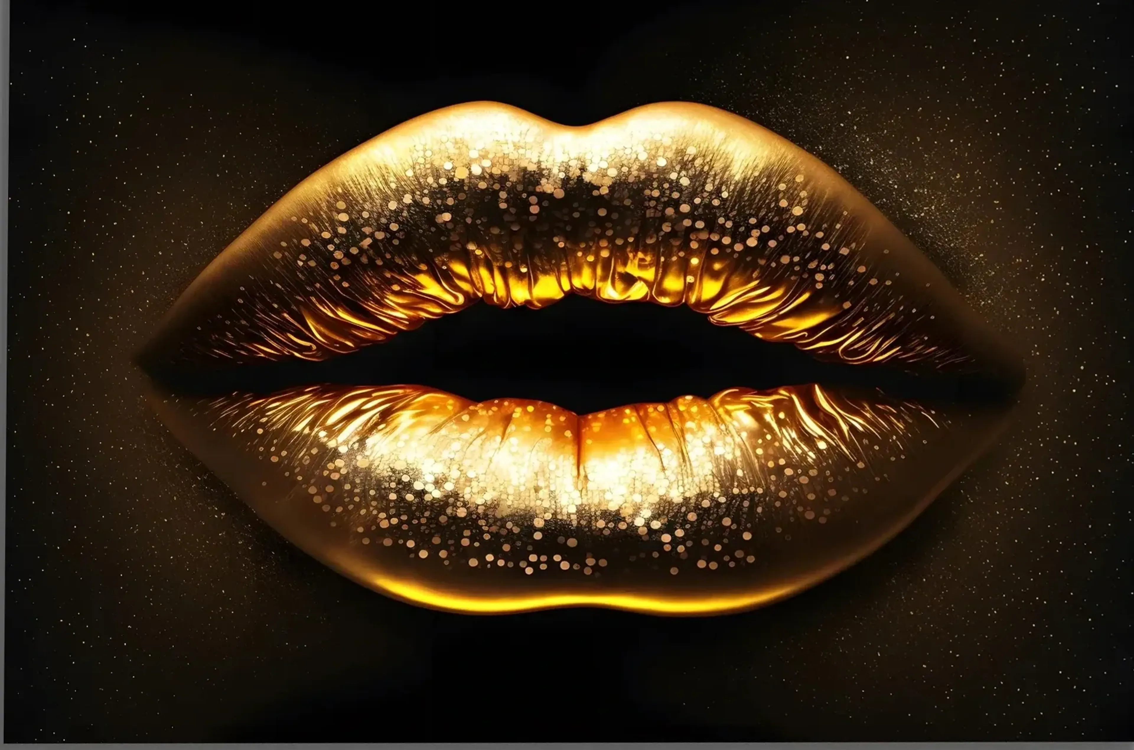 Leicht geöffnete, golden glänzende Lippen mit feinen Glanzpunkten vor schwarzem Hintergrund.