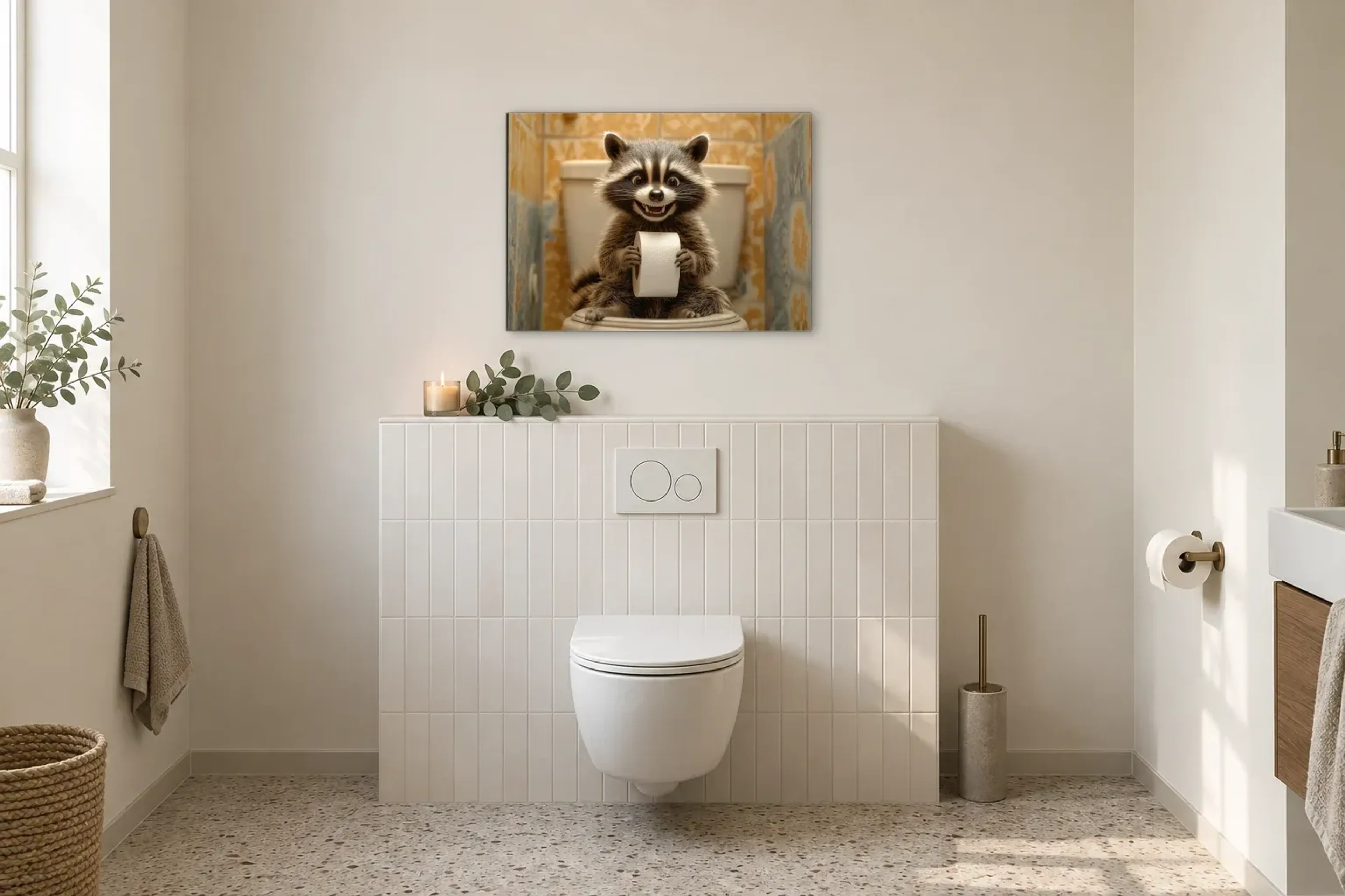 Waschbär mit breitem Grinsen als Wandbild im Gäste-WC