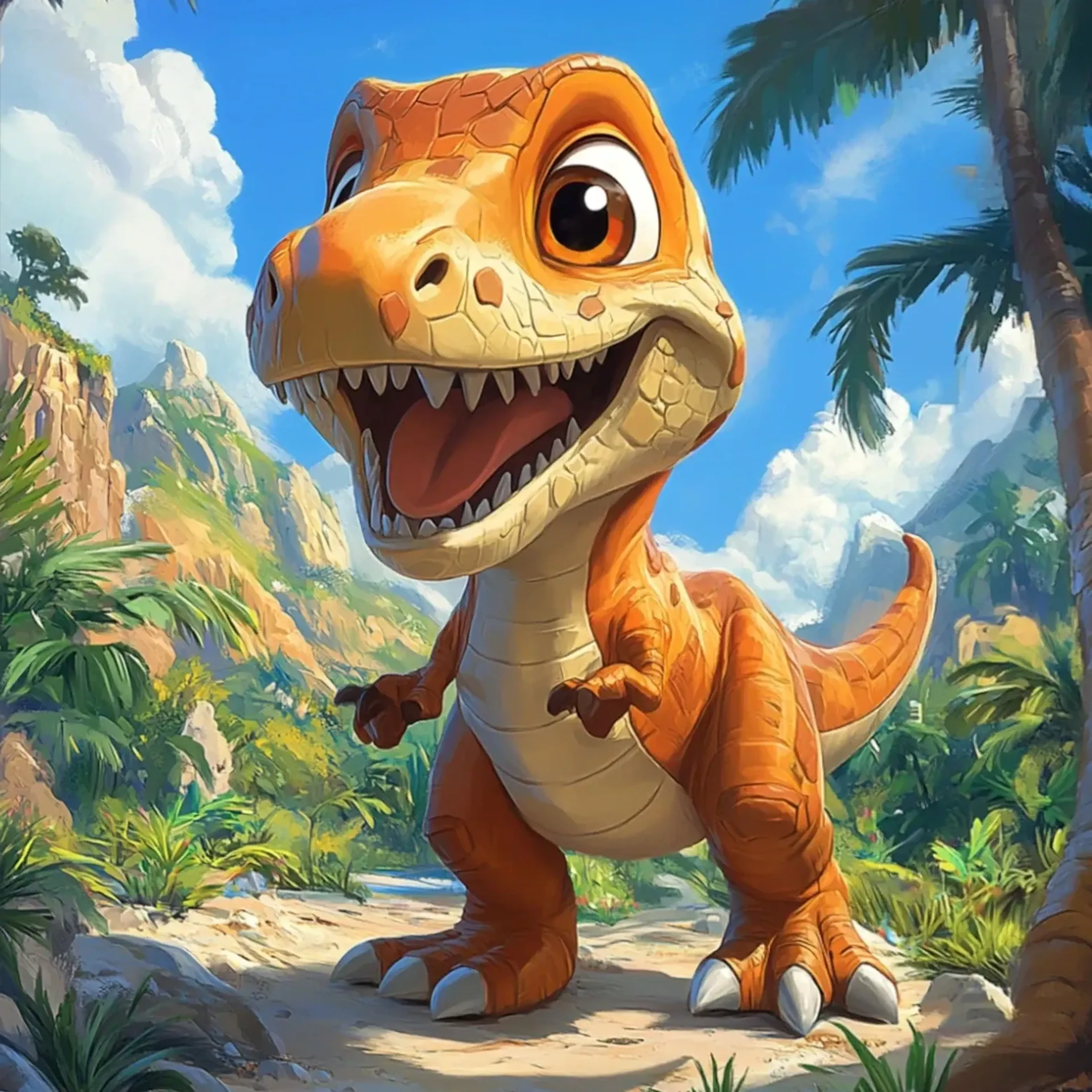 Fröhlicher Dino unter Palmen – Motiv als Wandbild auf Holz