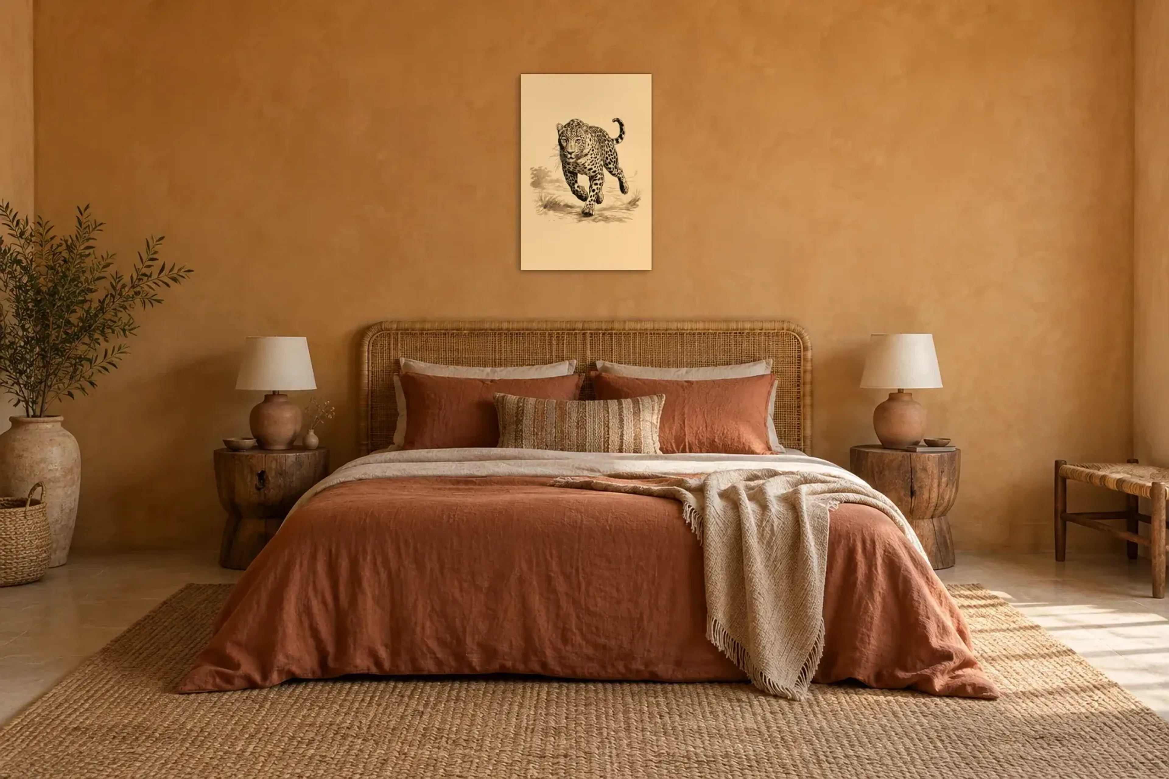 Leopard rennt als Wandbild über einem 180-cm-Bett