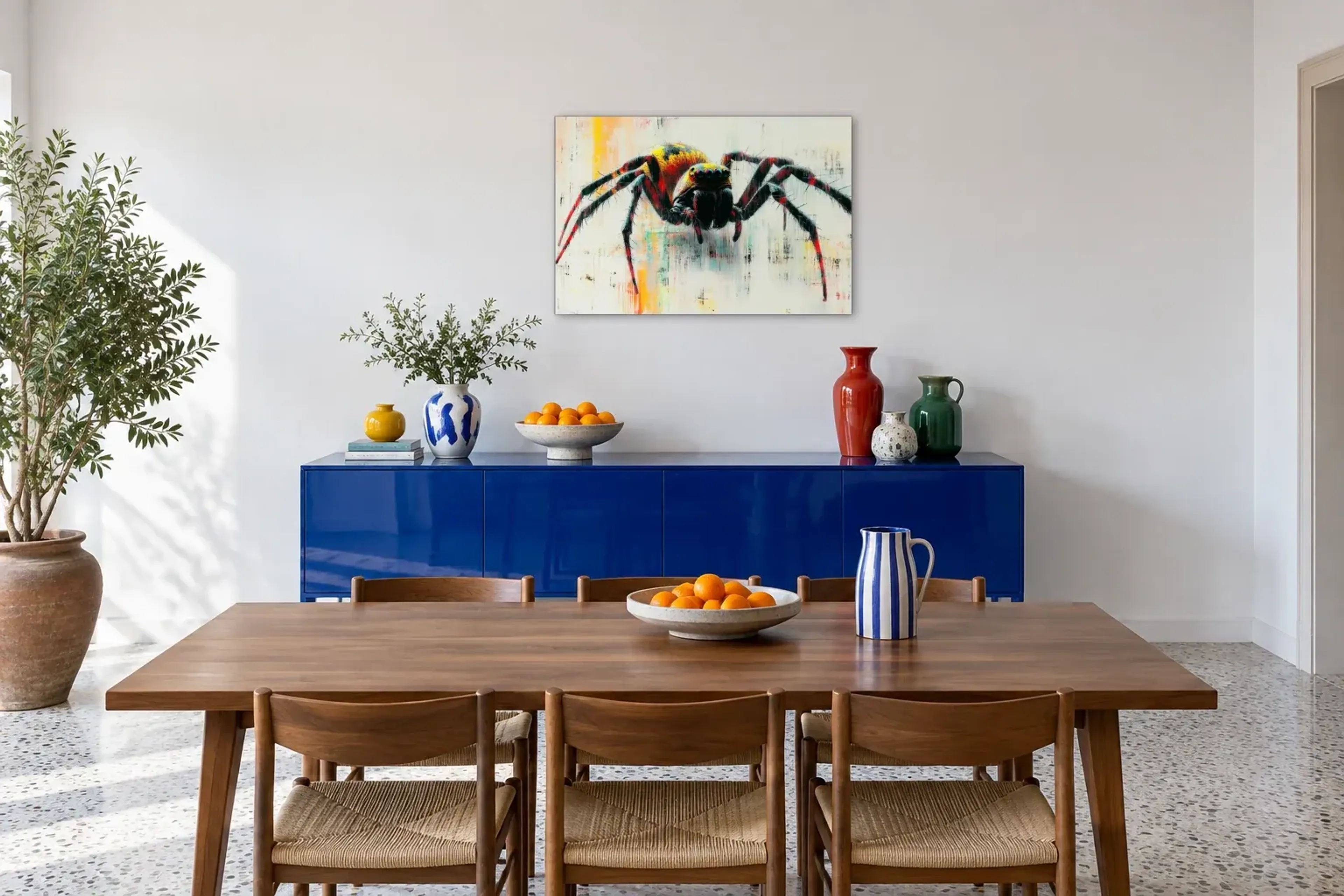 Spinne mit bunten Akzenten als Wandbild über einem 180-cm-Sideboard